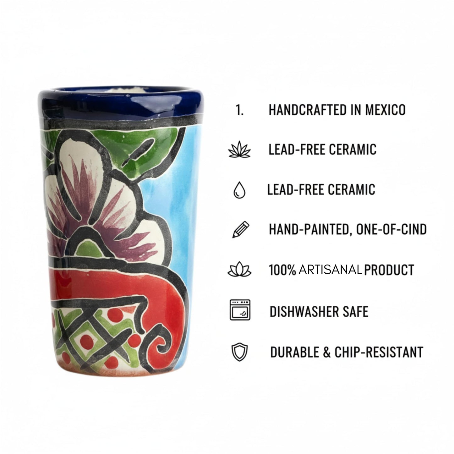 MEXTEQUIL - Talavera Shot Glasses Set of 4 Authentic Mexican Tequila Shot Glasses - Hand-painted - 2 Oz (Blue with Green)