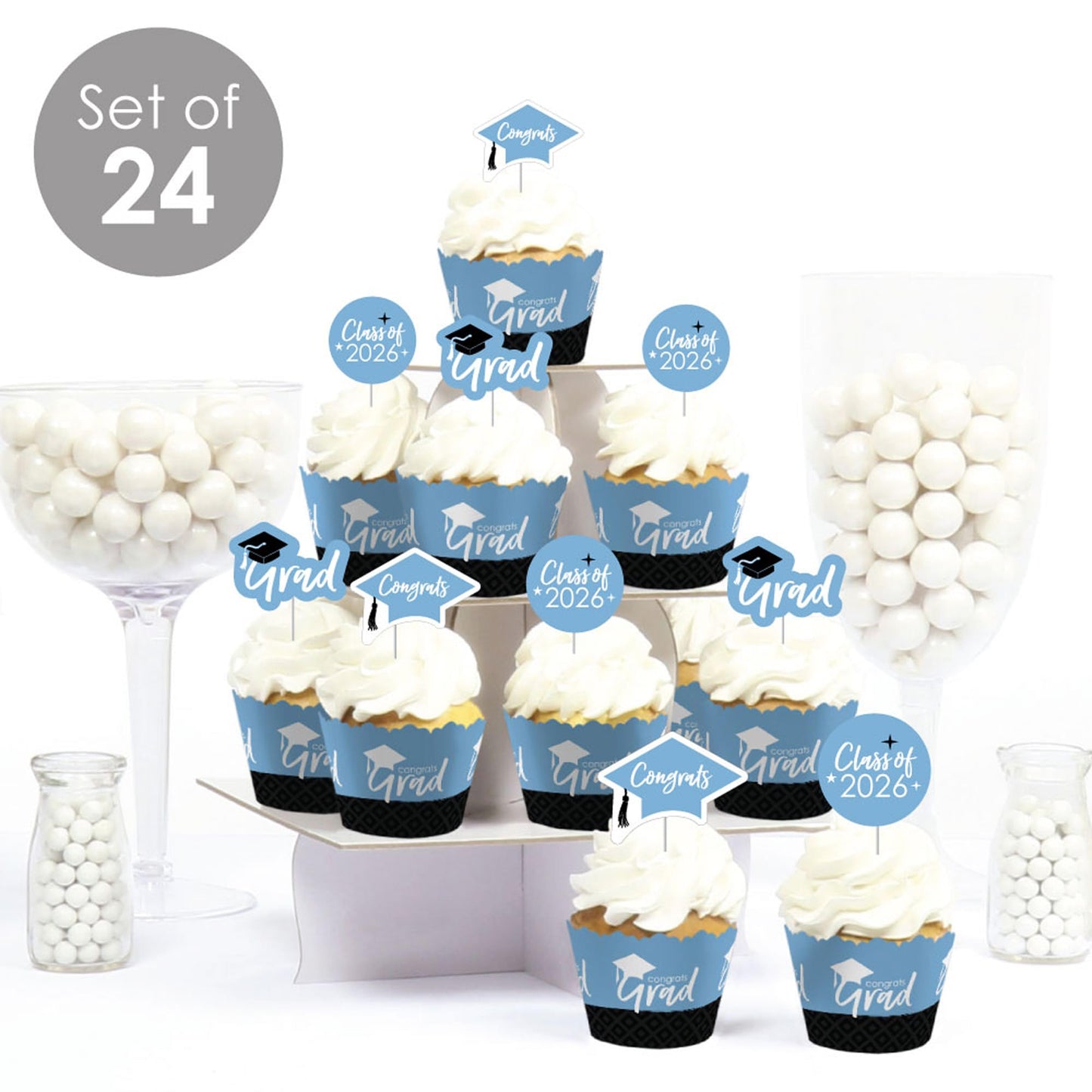 Big Dot of Happiness 2026 Light Blue Graduation Cupcake Decoration - Party Cupcake Wrappers and Treat Picks Kit - Set of 24