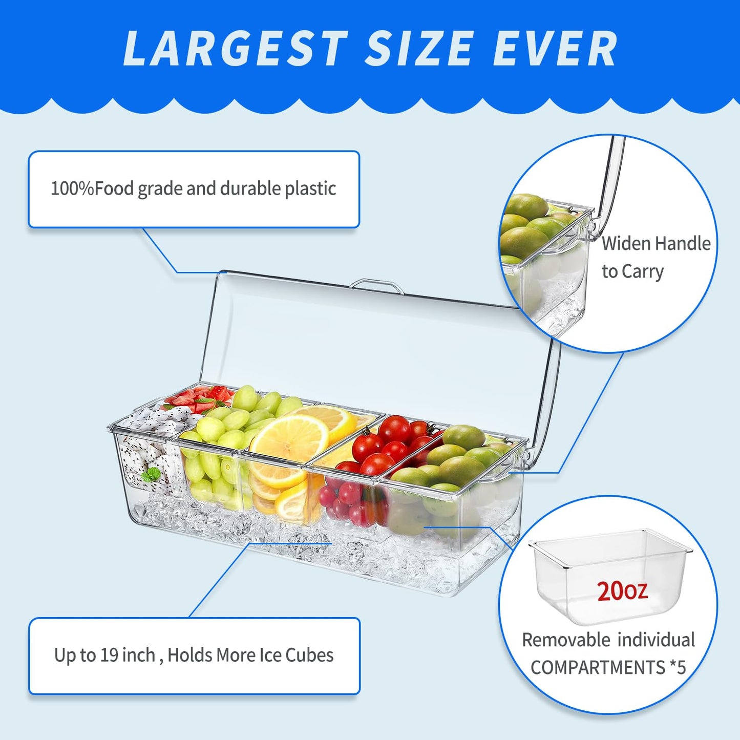 Large Ice Chilled Condiment Caddy，Chilled Condiment Containers Server with Lids for 5 Removable Compartments (2.5 cup)，Serving Platters, Fruit & Garnish Tray for Party Supplies & Bar Accessories