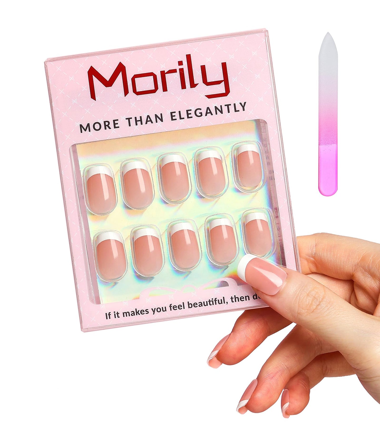 Morily Light Pink White French Tip Press on Nails - Medium Square Fake Nails Upgrade 15 Sizes Thicker False Nails with Designs Reusable Acrylic Stick on Nails for Women, 30 PCS, Include Glass File