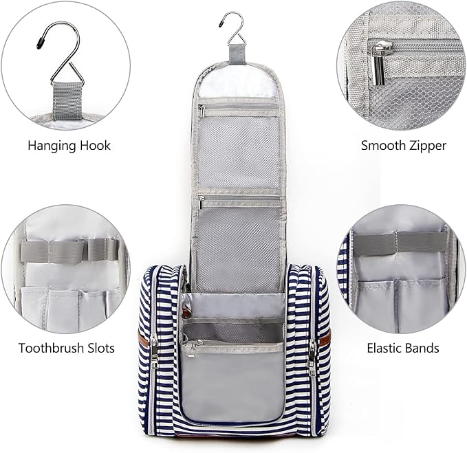 Pearl Angeli Hanging Toiletry Bag for Women, Large Makeup Cosmetic Bag, Water Resistant Toiletries Travel Essentials Organizer, Full-size Container, Navy-striped