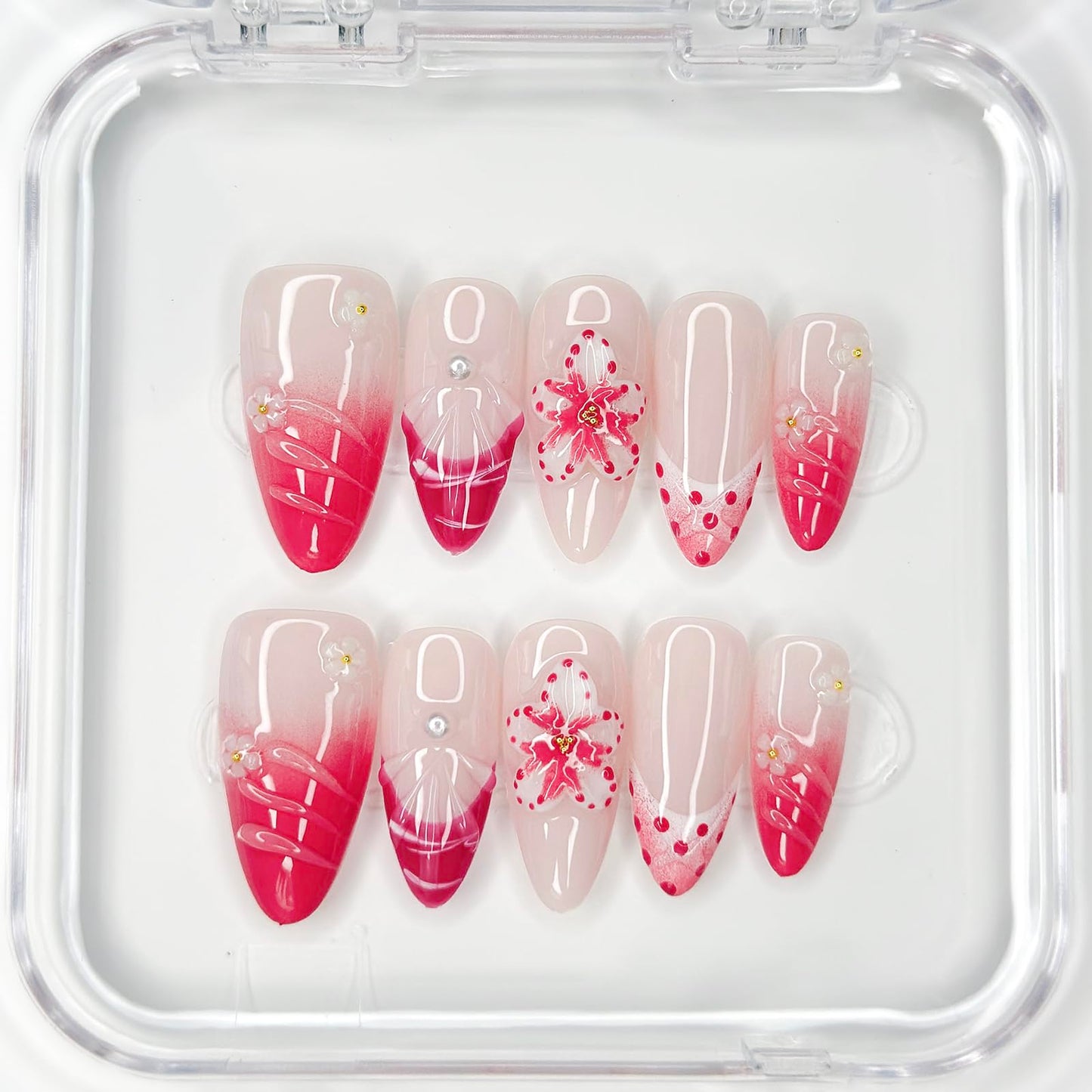 Luxury Press on Nails Medium Almond Handmade 3D Unique Reusable ABS Material Fake Nails Pink False Nails with Designs Floral Art Petal Glossy Glue on Nails Thick Acrylic Nails(S)