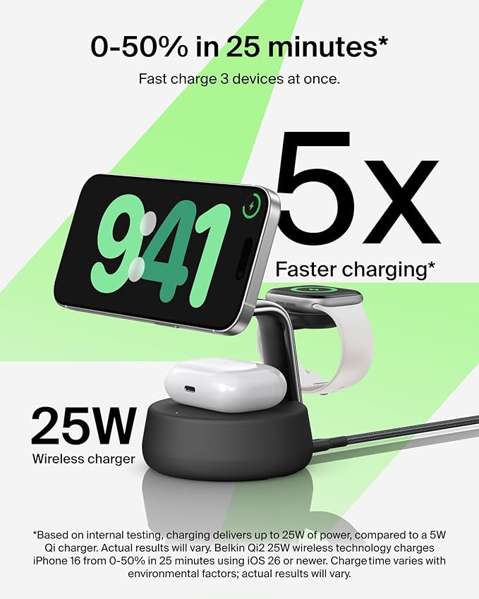 Belkin MagSafe Charger Compatible, 3-in-1 Charging Station, Qi2.2 25W w/Cooling Fan (On/Off Control) Magnetic Wireless Charger for iPhone 17, Apple Watch, AirPods, Pixel 10 (45W Adapter Included)