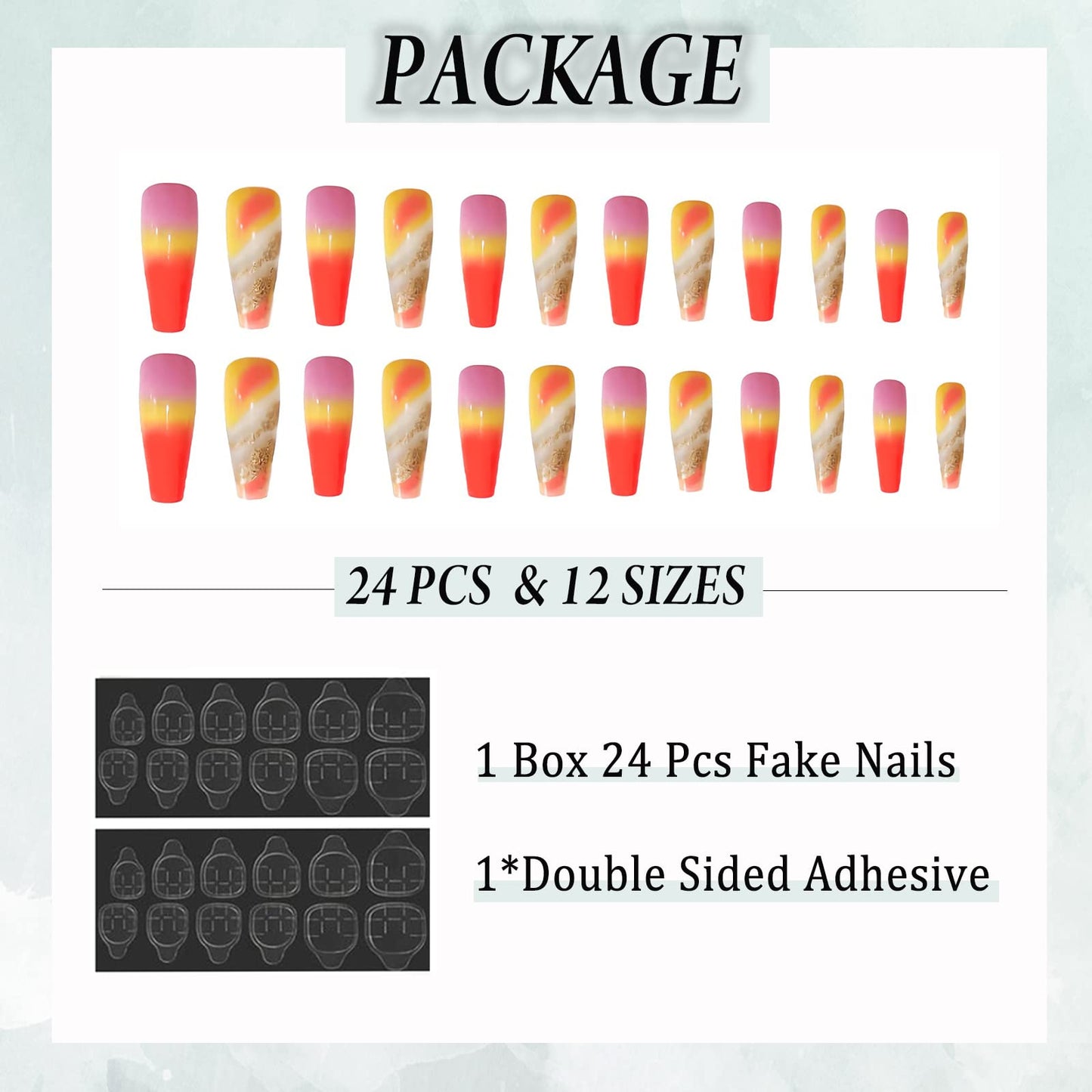 IMSOHOT Long Press on Nails Coffin French Tip Fake Nails Yellow Orange Gradient False Nails with Gold Foil Designs Clear Glossy Glue on Nails