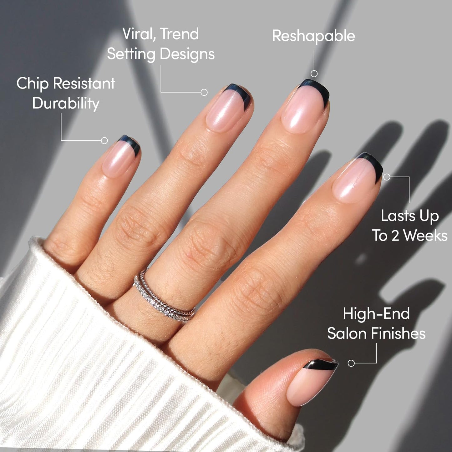 Glamnetic Press On Nails - Short Squoval Fake Nails, Black French Tip Nails, Squid Ink | 15 Sizes - 30 Nail Kit with Glue