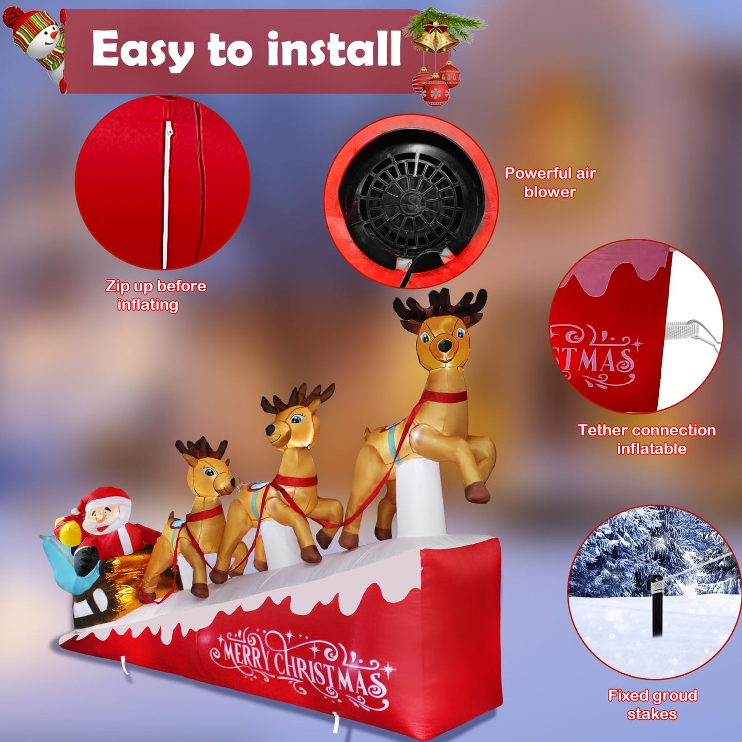 Hazms 13.3 FT Christmas Inflatables Santa Claus on Sleigh with Three Reindeer & Gift Box Outdoor Yard Decorations LED Lights Inflatable Christmas Decoration,Lawn, Garden