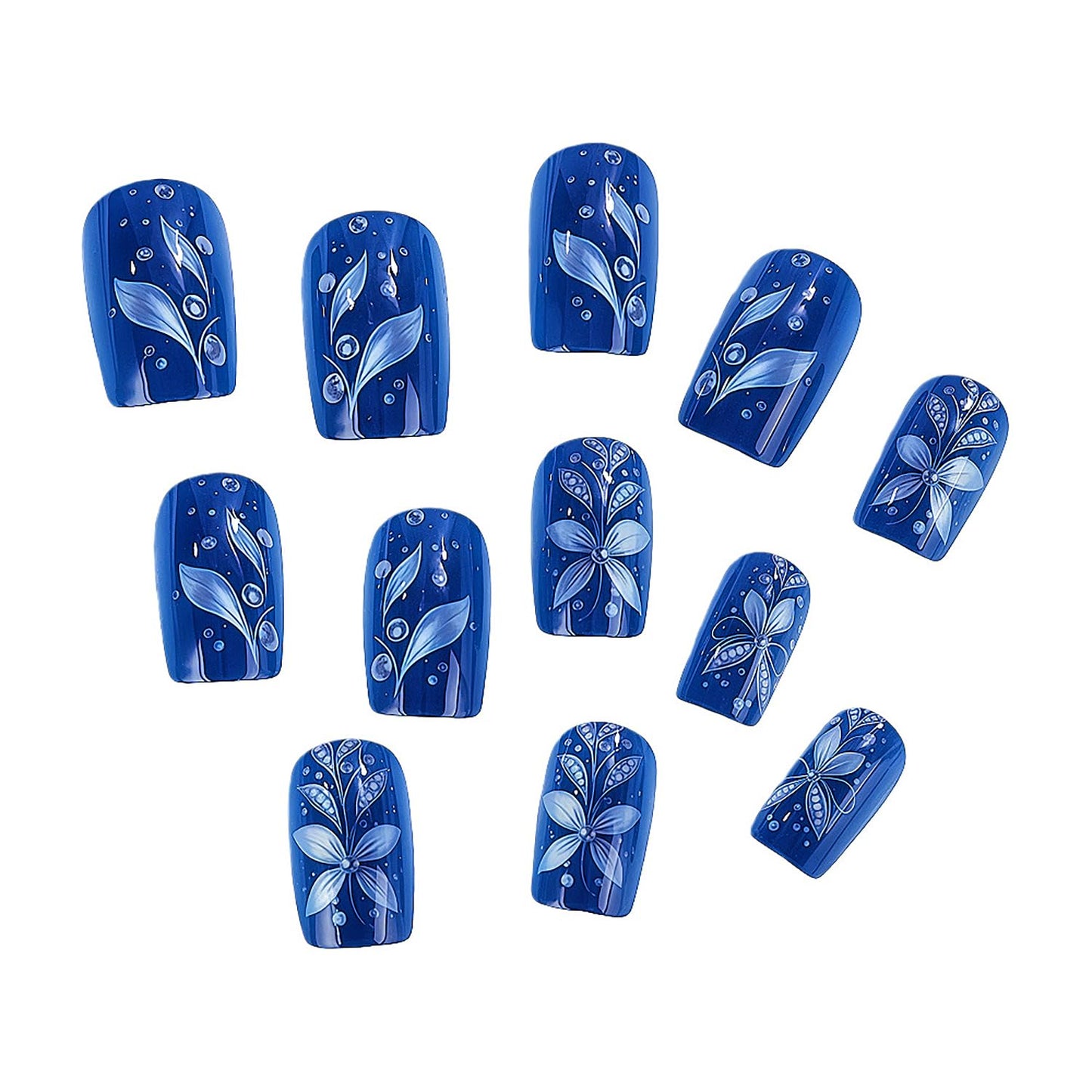 Dark Blue Press on Nails Short Square Fake Nails with White Flower Leaf Pearls Design Floral False Nail Acrylic Spring Summer Stick on Nail for Women 24Pcs