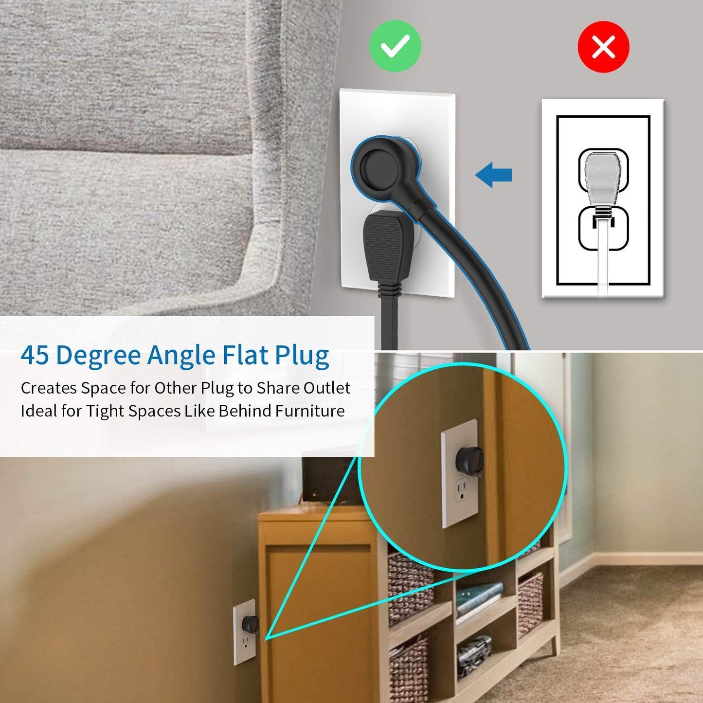 NTONPOWER Flat Plug Power Strip Bundle, 3 Outlets 2 USB Compact Power Strip with 5ft Cord and 10 ft Long Extension Cord, Right Angle Plug, Wall Mount for Office, Home, Nightstand, Dorm Essentials