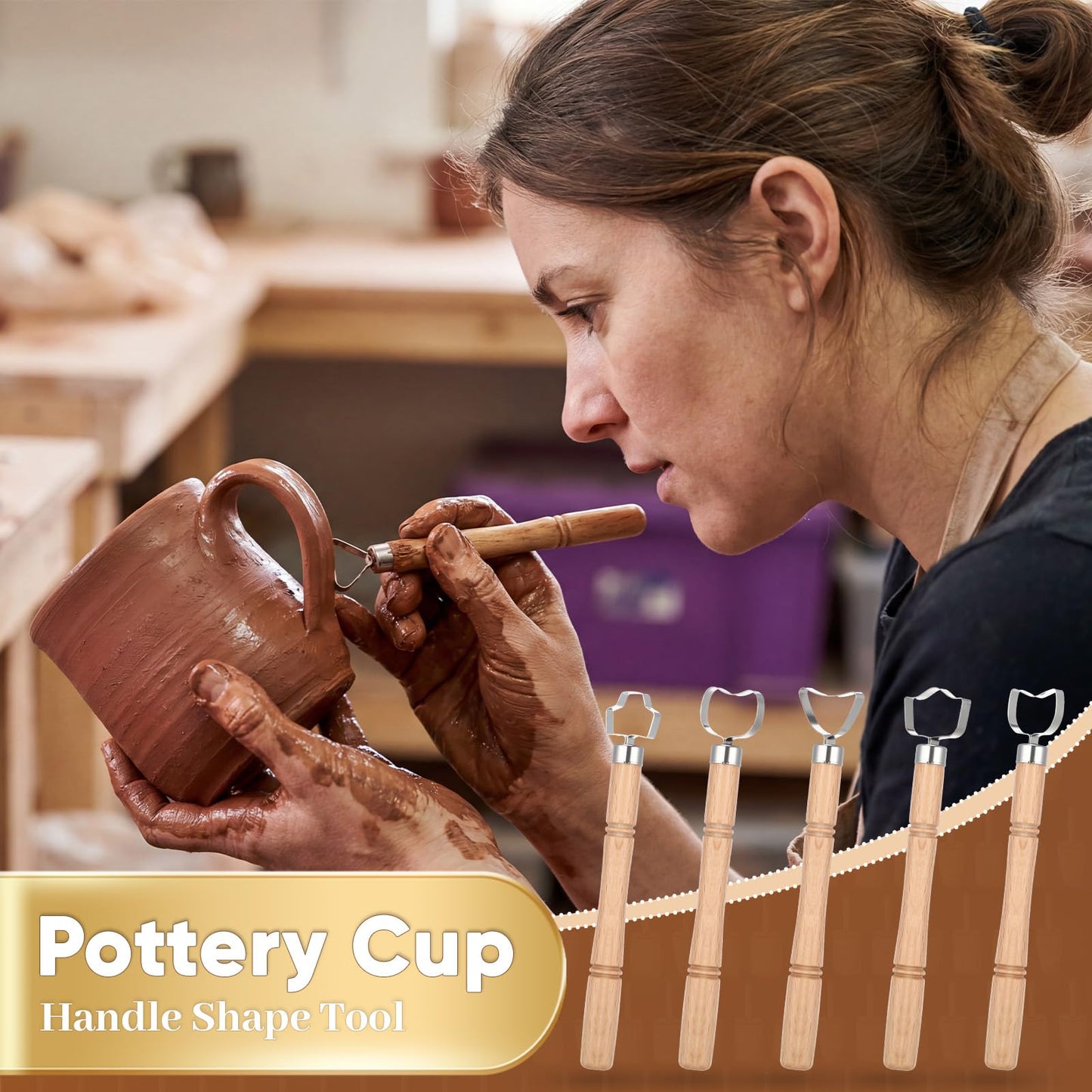 Ferrochef 8 Pack Cup Pottery Molds Clay Tools Set Wooden Sculpture Scraper Pottery Carving Tool Cup Handle Shape Clay Cutters for DIY Mug Vase Art Making(Small,12, 10, 8oz)