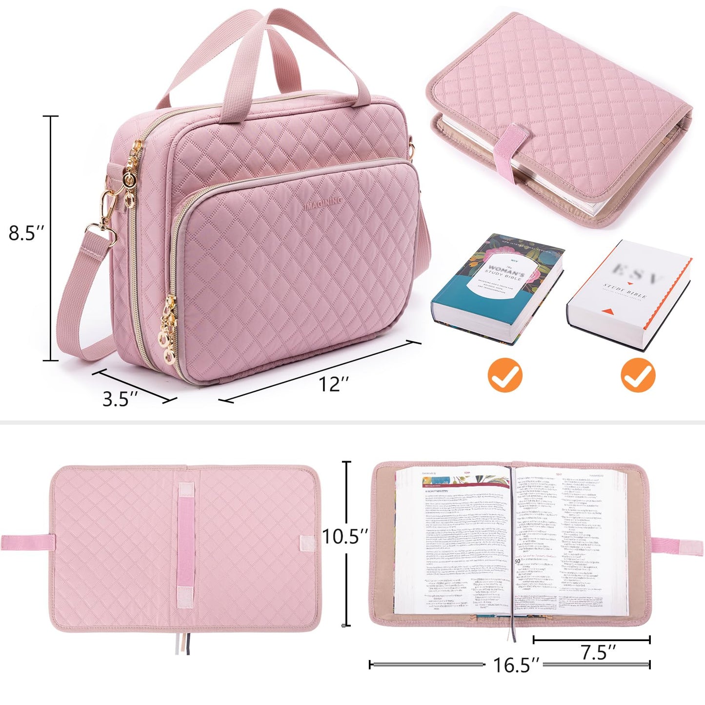 IMAGINING Large Bible Case with Bible Cover for Women - Bible Carrying Case with Shoulder Strap - Bible Bag Packed in Gift Box - Bible Carrier with Pockets for Bible Study Suppliers - Bible Gift Girls