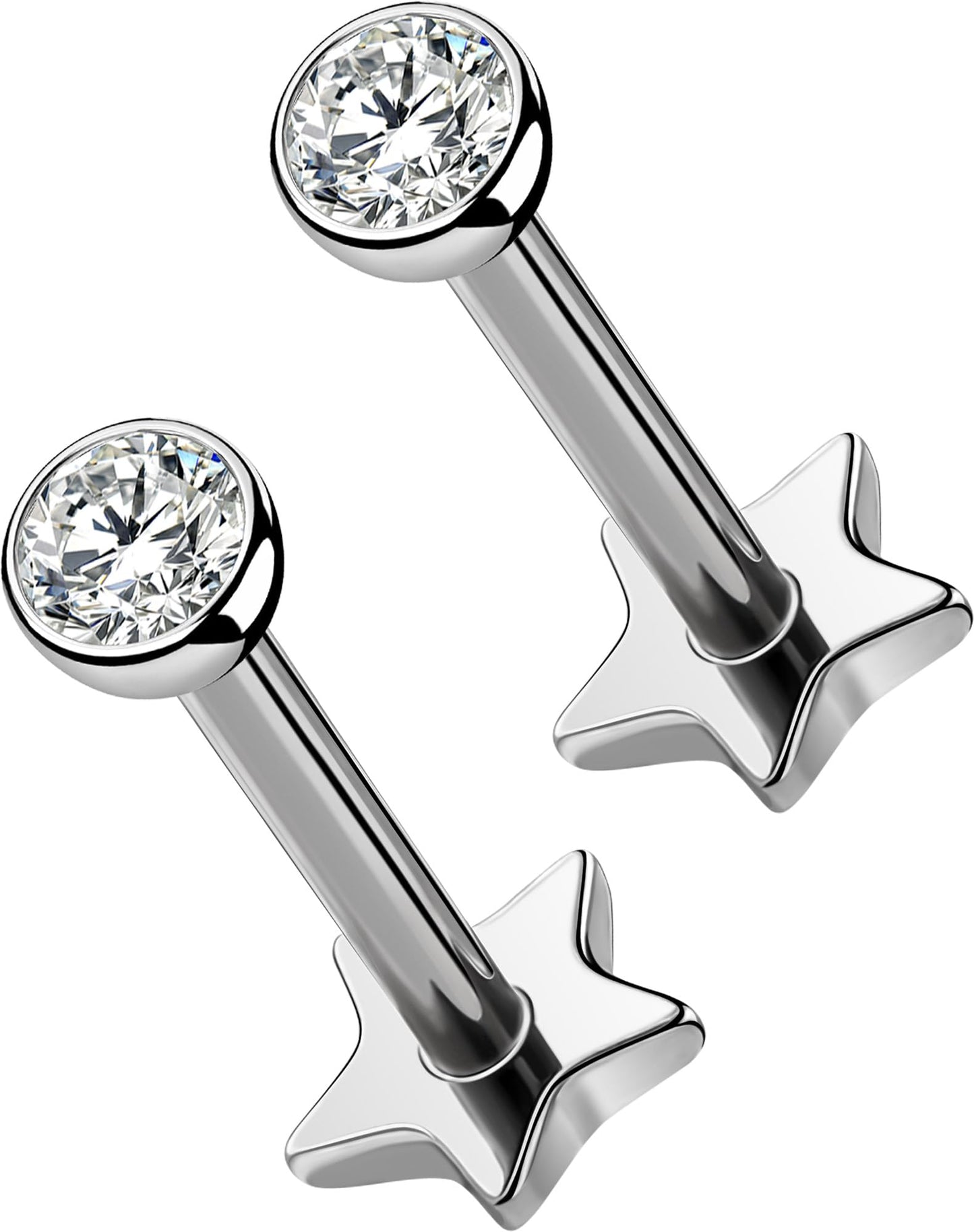 OUFER 2Pcs Tragus Piercing Jewelry, 16G G23 Solid Titanium Threadless Stud Earrings Flat Back Star Shaped 3MM CZ Silver Helix Cartilage Conch Tragus Earrings for Women Men-8MM