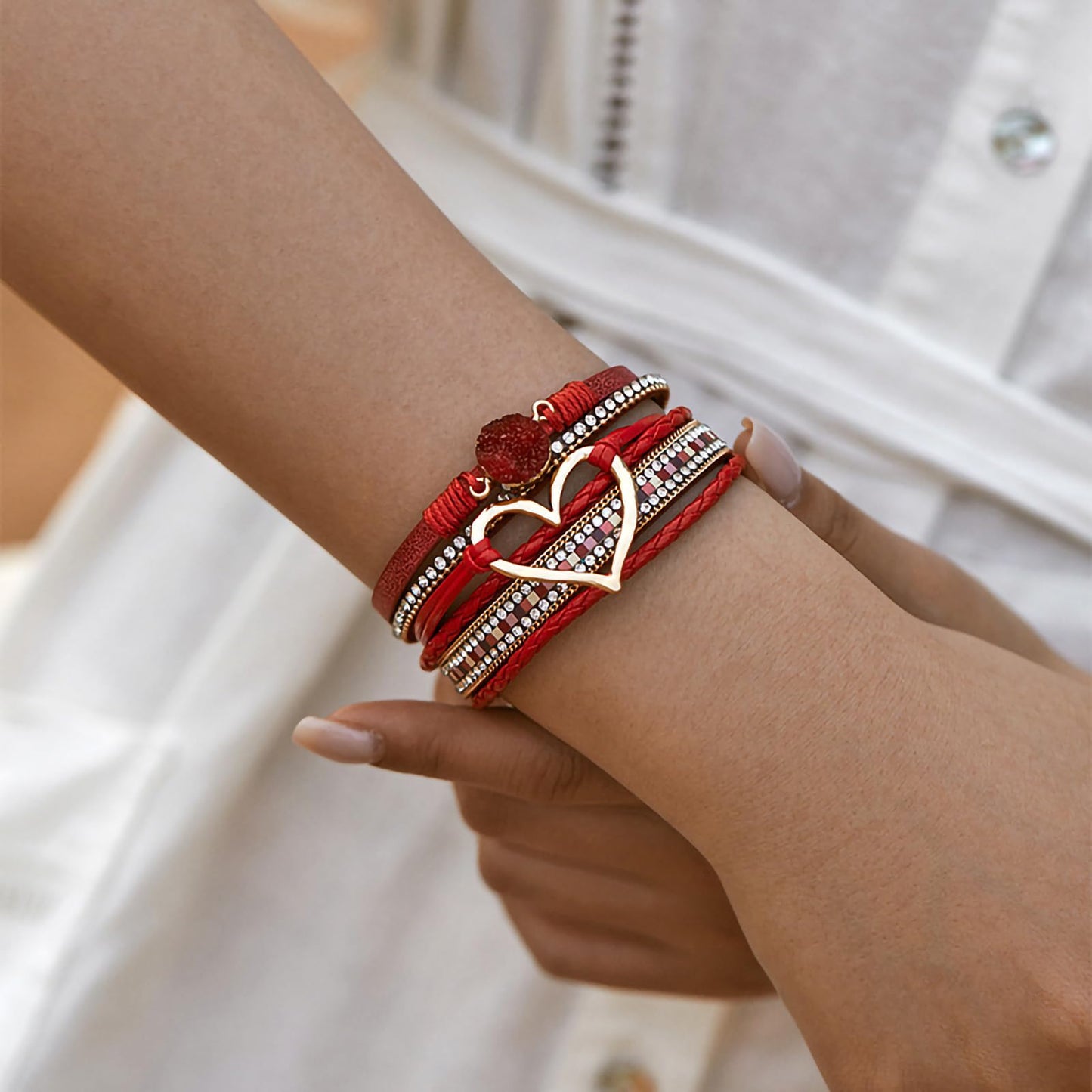Leopard Bracelet for Women, Boho Leather Wrap Multi-Layer Pearl Crystal Bracelet Bangle Jewelry (Heart Leather(Red))