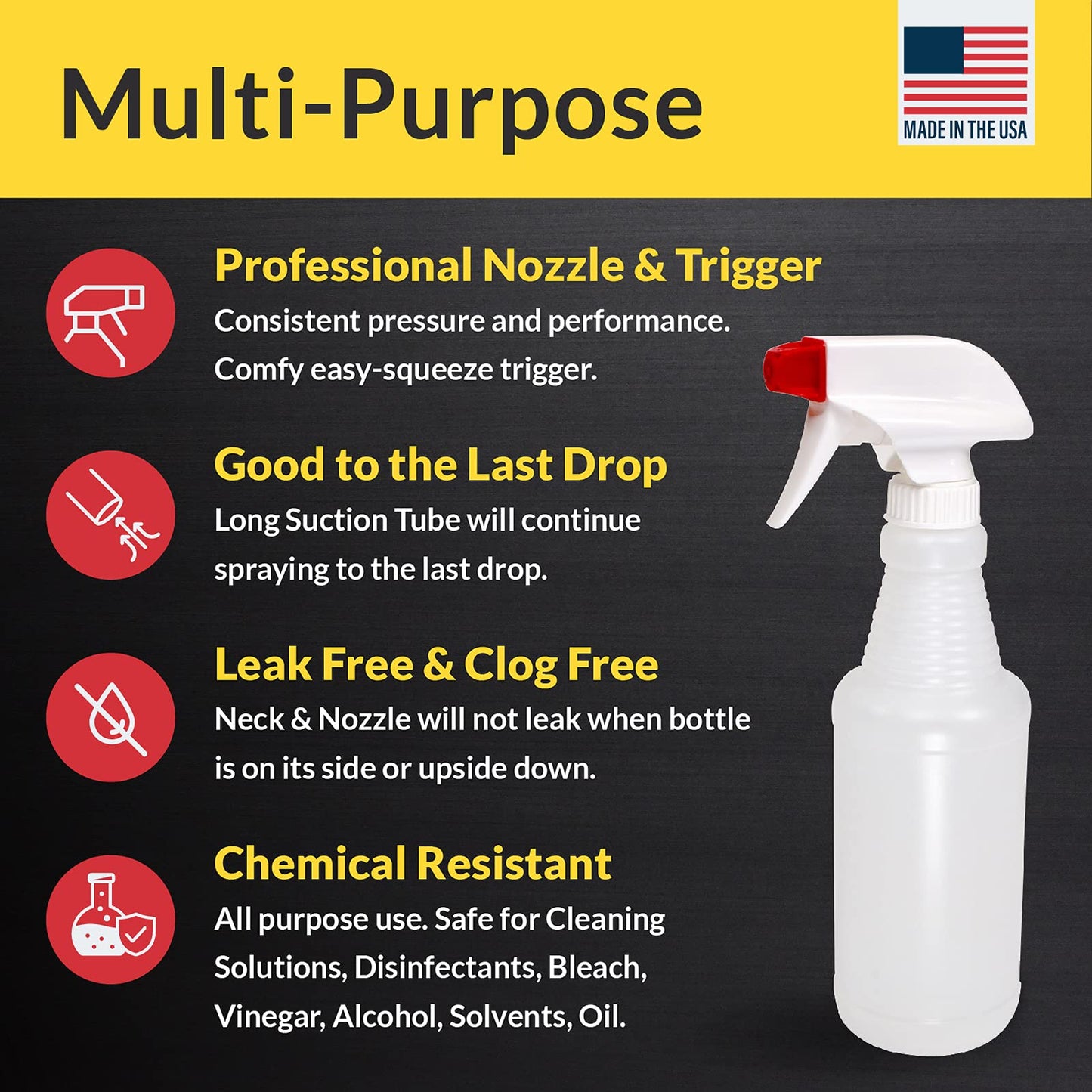 Pinnacle Mercantile Plastic Spray Bottles USA Made 4 Pack 16 oz Leak Proof Empty Refillable Mist/Stream for Cleaning Solutions, Plants, Hair, Bleach, Vinegar, Alcohol Safe