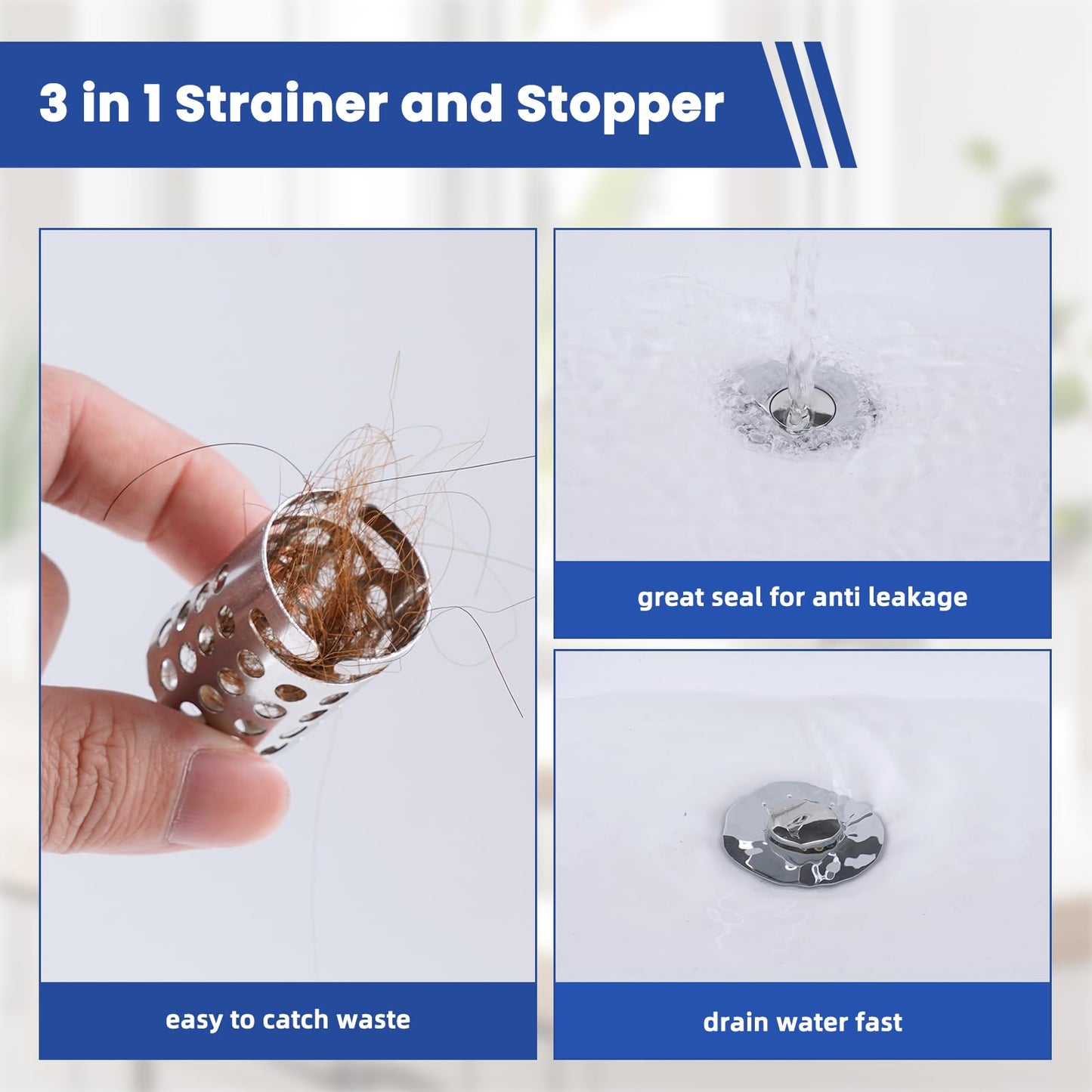 Universal Bathroom Sink Drain Strainer Hair Catcher 2PCS Upgraded with Removable Stainless Steel Filter Basket, 3 in 1 Pop Up Sink Stopper for 1.1''~2.36'' Sink Basin Hole, Chrome