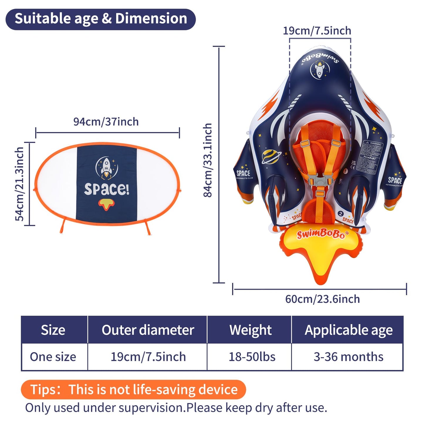 Swimbobo Baby Swimming Float Kids Inflatable Swim Ring with Safety Support Bottom Swimming Pool Accessories for 3-36 Months (Deep Blue Spaceship, Large)