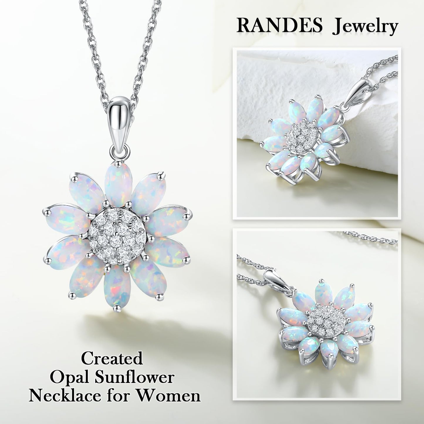 RANDES Opal Sunflower Necklaces for Women 925 Sterling Silver Dainty October Birthstone Pendant Created Opal Flowers Necklace