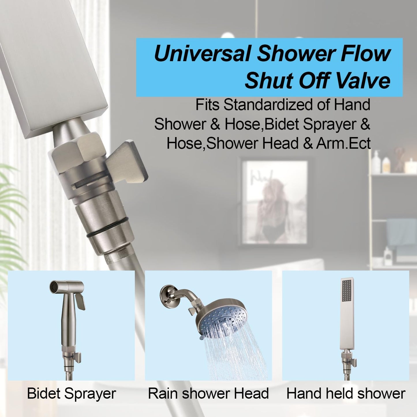 AZOS Brass Shut Off Valve, Shower Flow Control Valve, G1/2 Shower Water Pressure Regulator, Water Flow Control Valves for Handheld Shower Head, Brushed Nickel