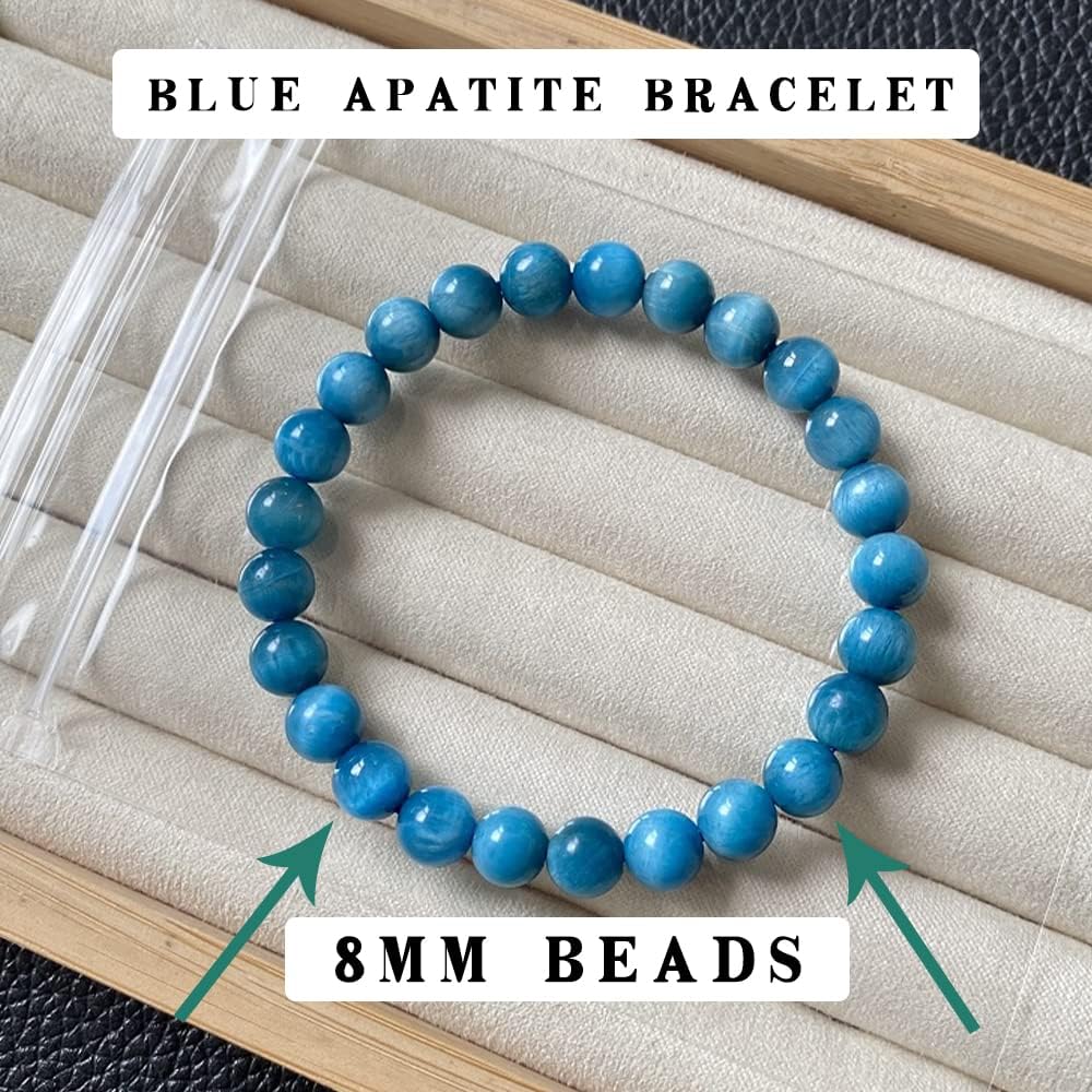 8MM Blue Apatite Bracelet for Unisex | Natural Third Eye & Throat Chakra Crystal Stone for Future, Feng Shui, Meditation, Divination, Amulets | Anxiety Stress Relief | Emotional Control