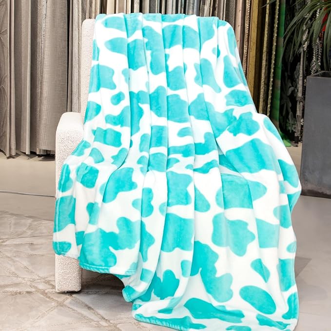 Blue Cow Print Twin Blanket - Lightweight Fuzzy Soft Throw for Bed, Sofa, Dorm, Couch - Cozy Cyan Gifts for Teens Girls Bedroom Decor