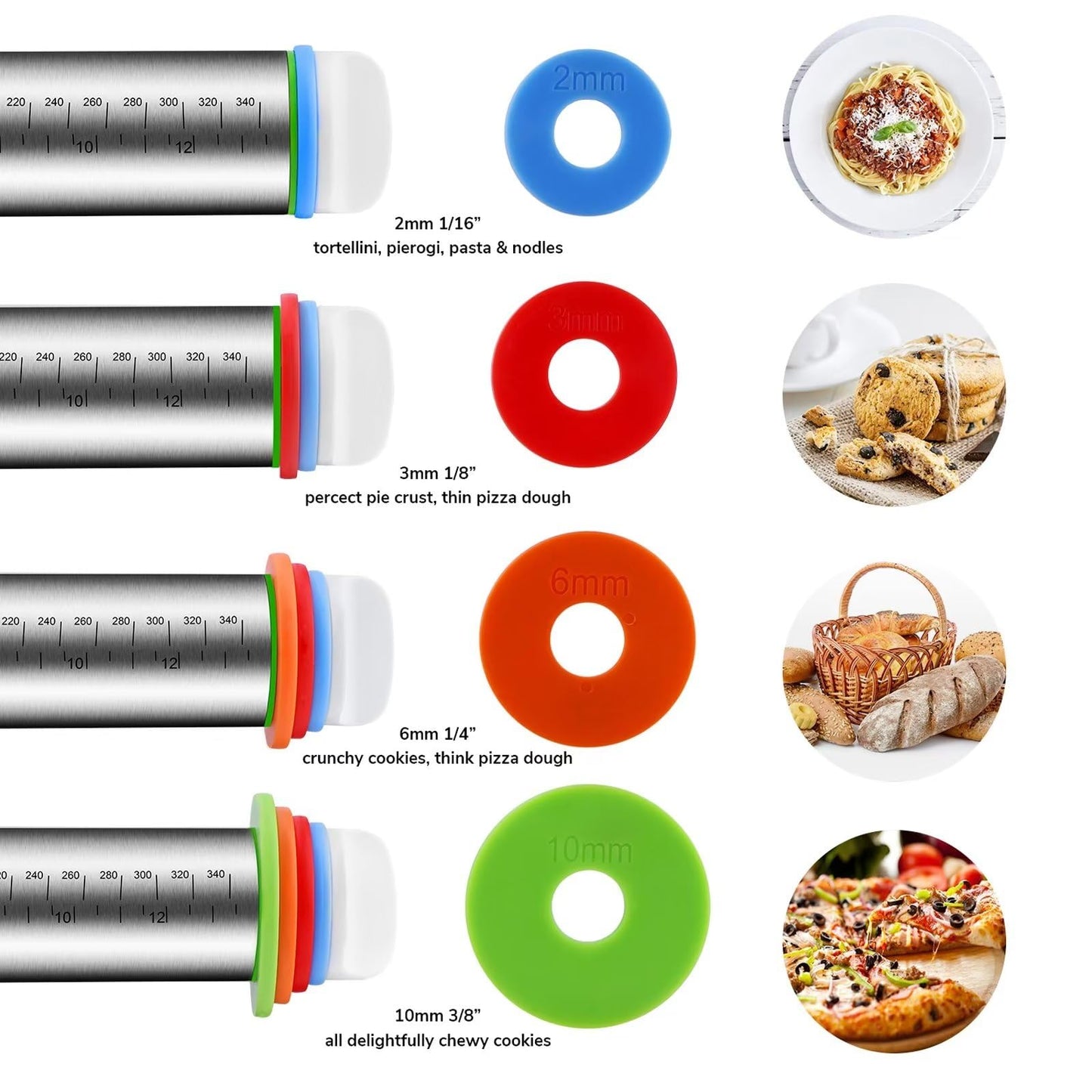 Stainless Steel Rolling Pin and Silicone Mat Set, Adjustable Thickness Rings - For Baking Dough, Pizza, Pies, Pastries, Pasta, Cookies