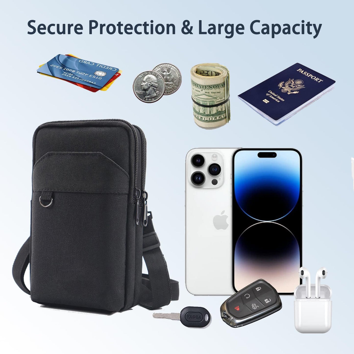 Travel Cell Phone Pouch Belt Pouch, Phone Holster Crossbody Bag with Shoulder Strap for iPhone Case Holder for Hand with Neck Lanyard Smartphone Walking Passport Wallet (Double Layer Blue)