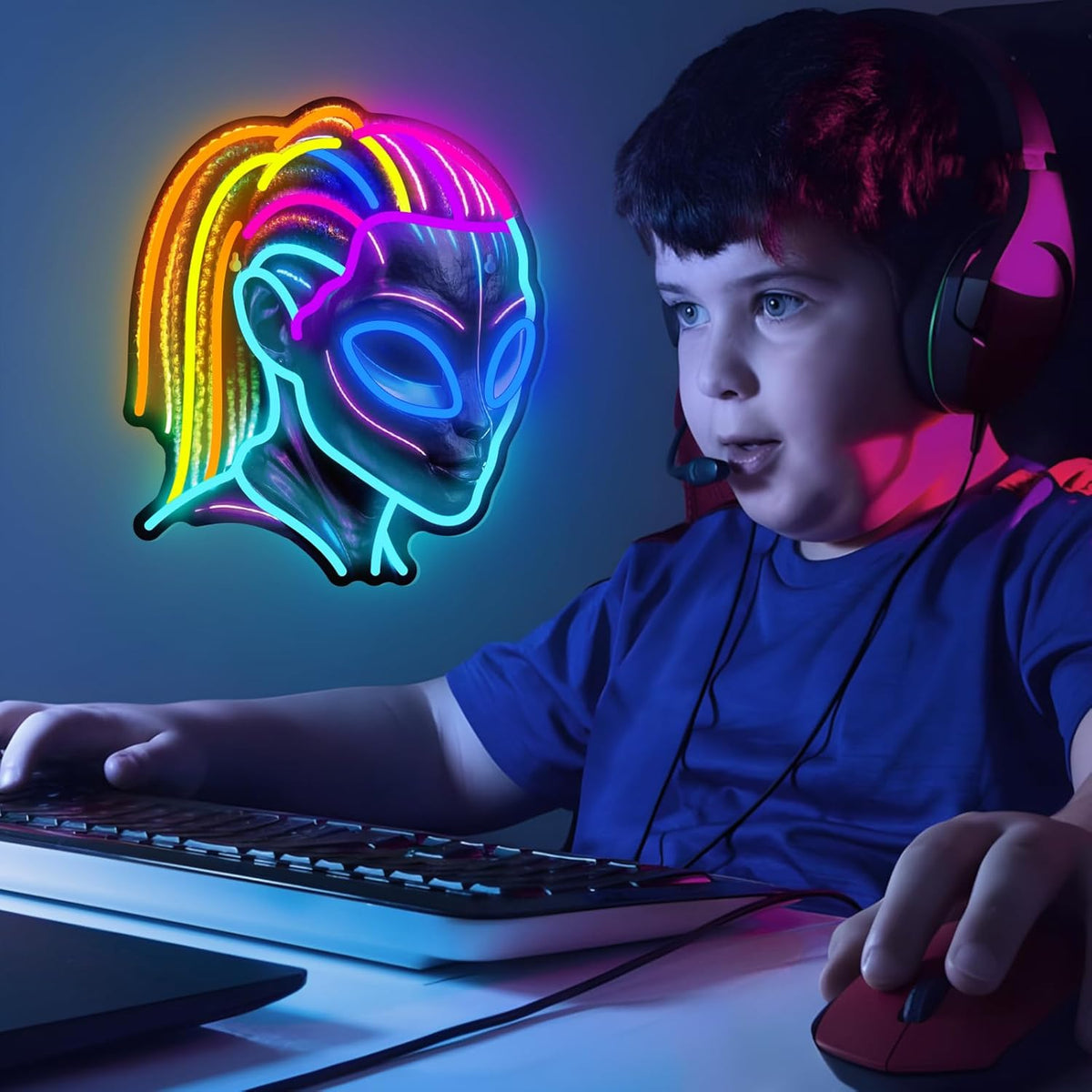 Dreadlocks Alien Neon Sign, E.T Neon Signs for Wall Decor, for Man Cave Game Room Teens Boy Room Decor, Gift for Teens Kids E.T Fans UFO Fans, Dimmable Decoration USB Powered with Switch