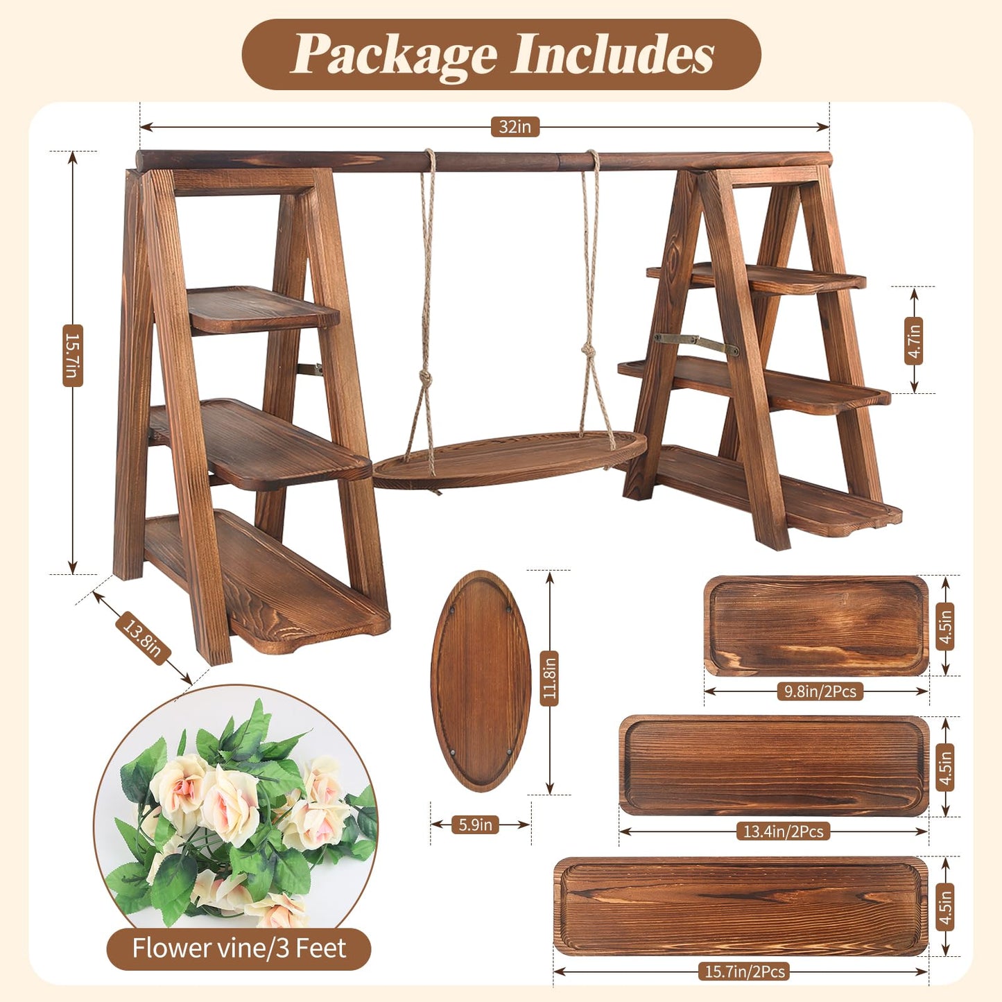 Wisreach Wooden 3 Tier Cupcake Stand with Swing and Flower Decoration Serving Removable Tray Display Serving Ladder Foldable Stand with Serving Platter Tray Party Food Display Set for Cake Snack Fruit Chips Bread Centerpieces Catering