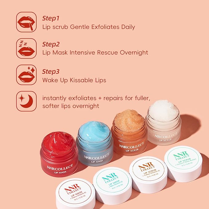 Lip Scrub and Lip Mask Set- Lip Treatment Care Kit with 2 Lip Exfoliator Scrub & 2 Lip Butter Mask, Intense Hydration Set for Dry Chapped Cracked Lips (4 Pack)