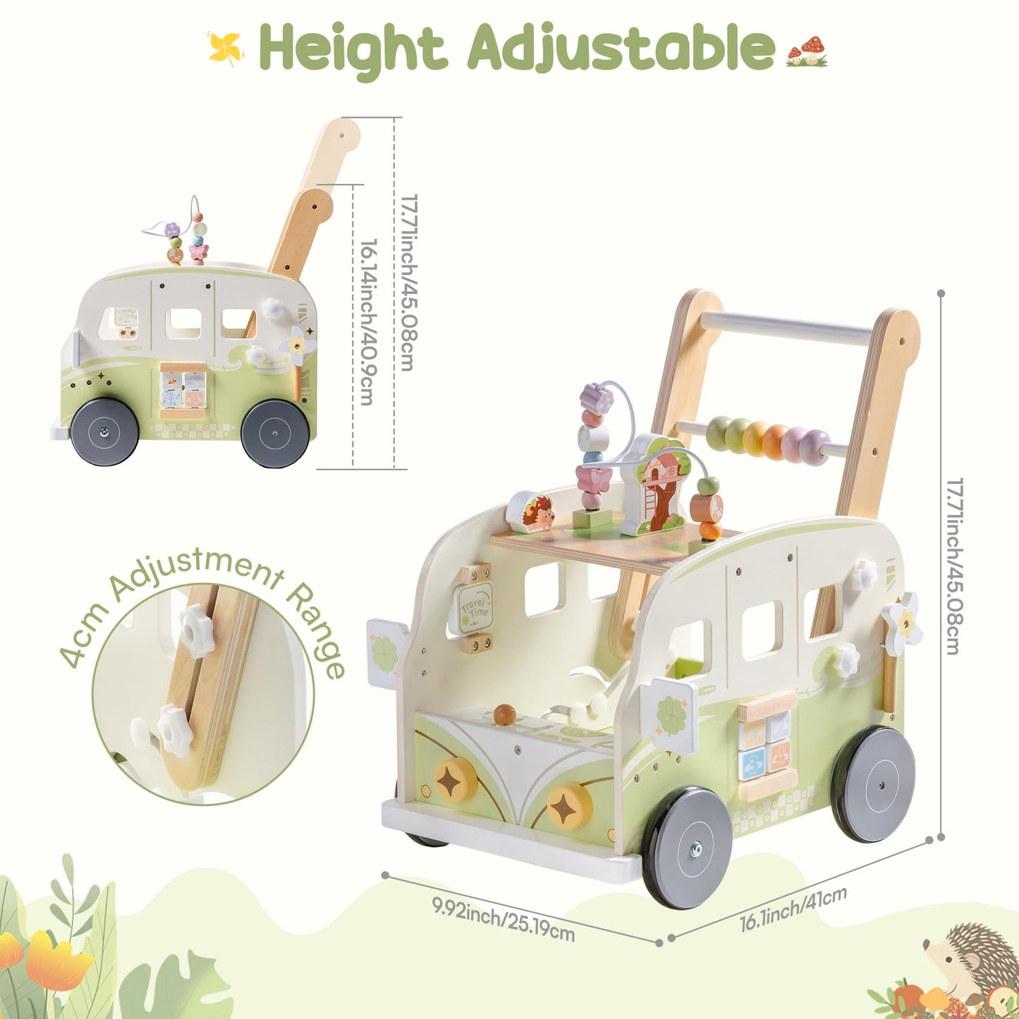 ROBOTIME Wooden Baby Walker, Baby Push Walker, Ajustable Speed Multi-Functional Baby Walker with Wheels for Babies Learning to Walk, Sit-to-Stand (Green)