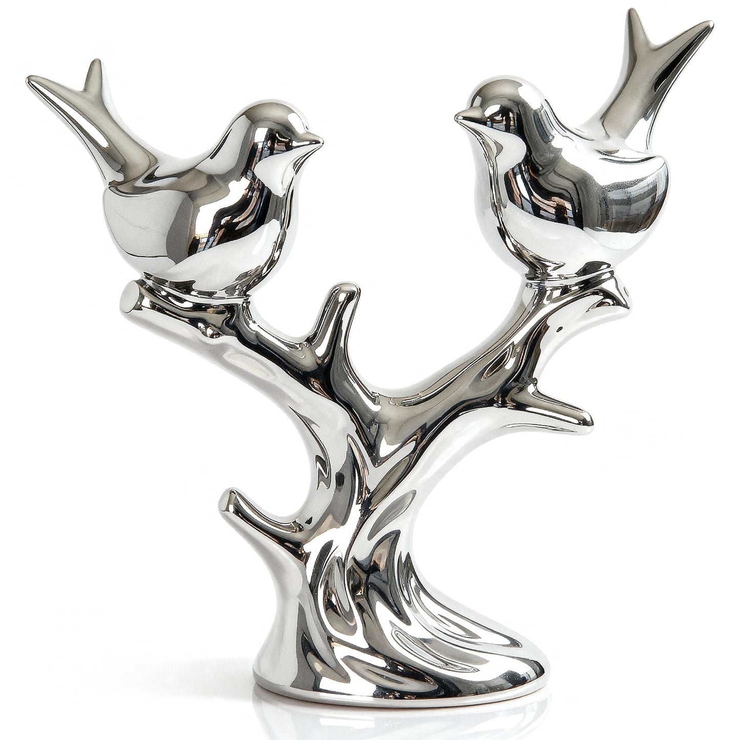Jubiluxor Silver Ceramic Bird Statue, Mirror Chrome Finish, Two Lovebirds on Branch, 7-Inch Mantel & Bookshelf Decor, Modern Home Sculpture, Housewarming Wedding