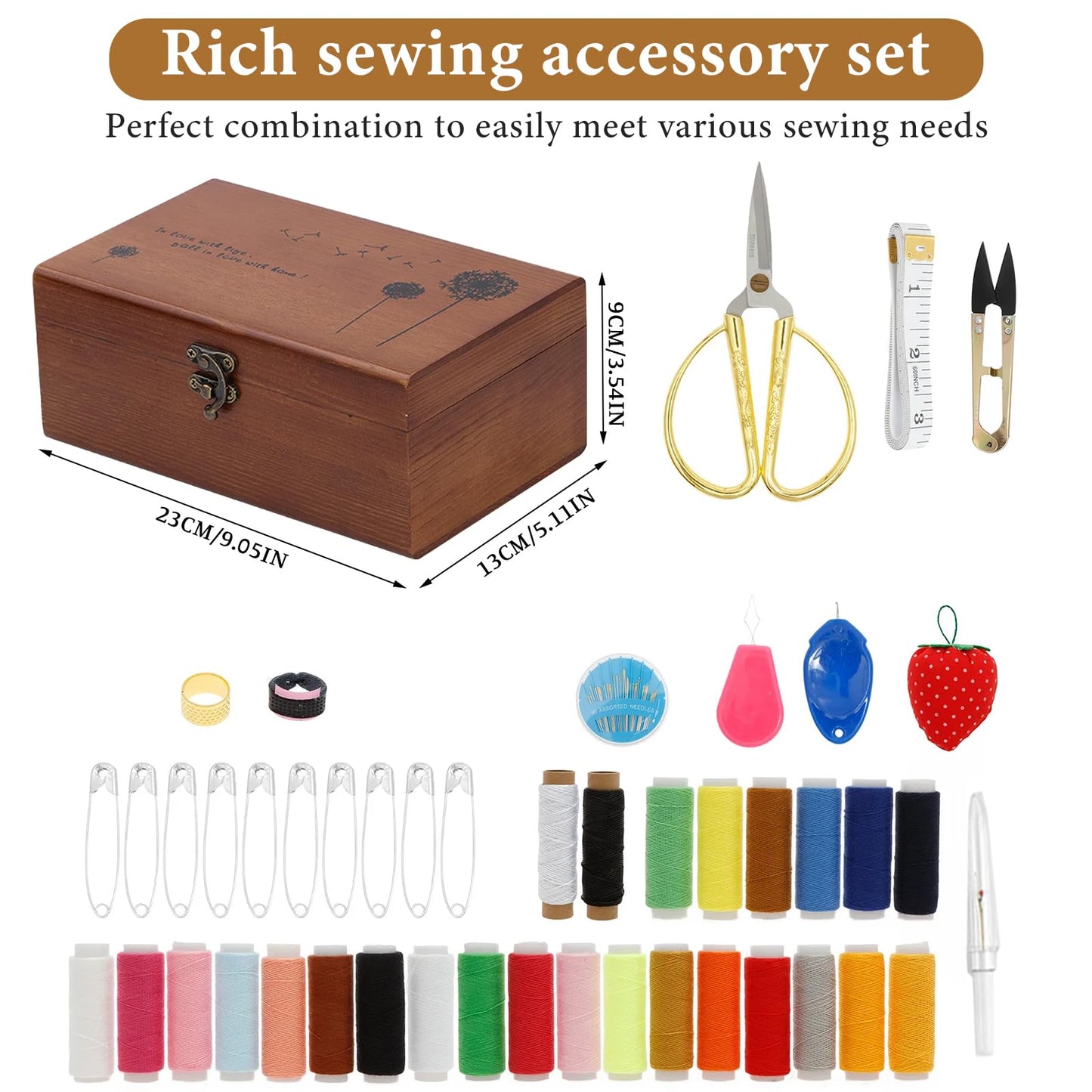Mother's Day Gift Sewing Kit for Adults Wooden Sewing Box with Thread Scissors Thimble Needle Cushion Seam Ripper Retro Wooden Sewing Basket Sewing Supplies for Beginners