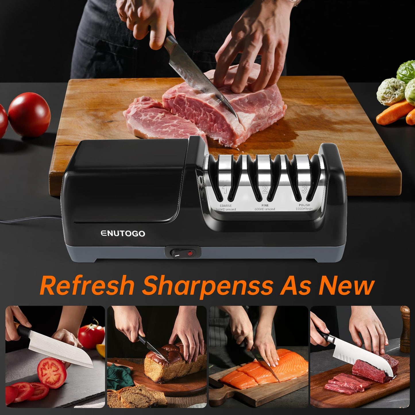 Enutogo Knife Sharpener, Professional 3-Stage Electric Knife Sharpener for Kitchen Knives, 100% Diamond Abrasive for 20° Precision Angle Guide, Quickly Sharpening and Polish Blades