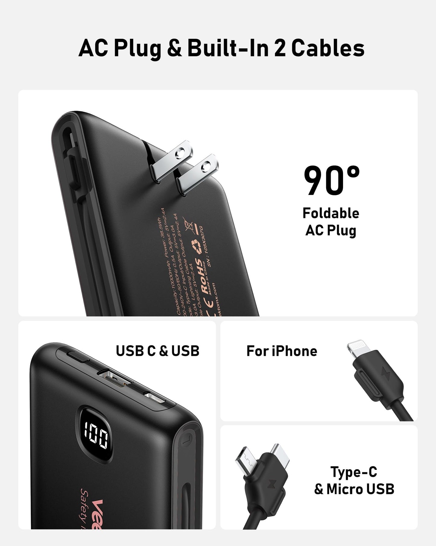 Portable Charger Power Bank Built in Cables and Wall Plug, 10000mAh iPhone Battery Pack Fast Charging, USB C External Slim Power Bank, Travel Essentials Compatible with iPhone 17 16 15 14 iPad, Black