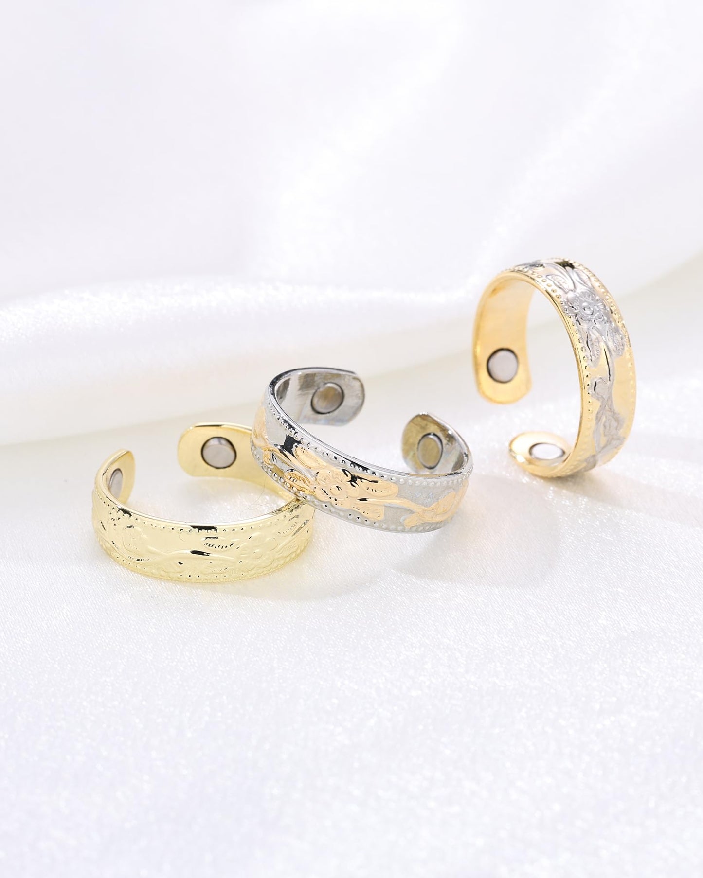 BioMag Magnetic Lymphatic Drainage Ring Set, 3 Pcs 99.99% Pure Copper Magnetic Rings for Women with 3500 Gauss Magnets, Adjustable Size, Floral Branch and Leaf Pattern