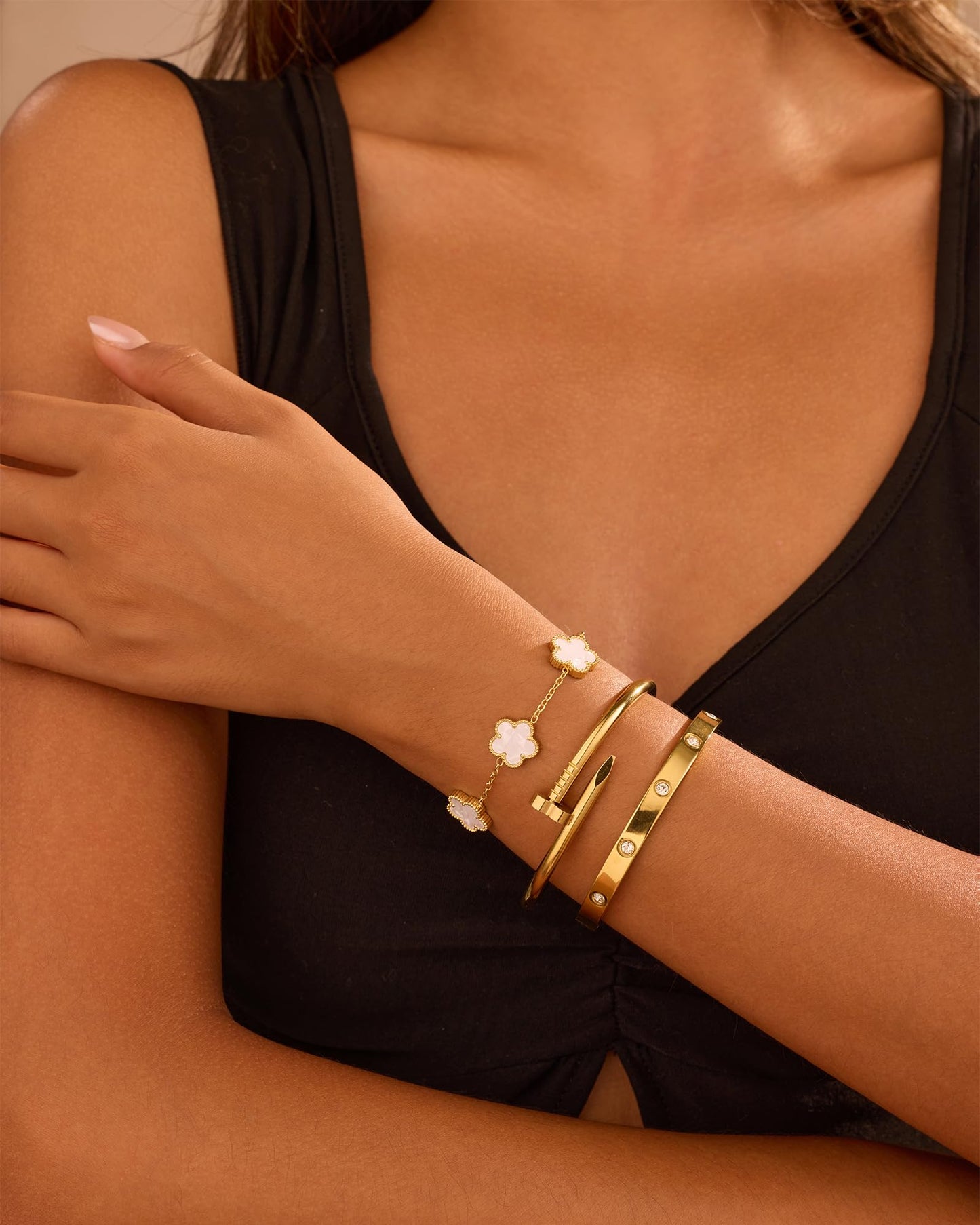18K Gold Plated Stainless Steel Love Nail Bangle Clover Bracelet Set Stackable Dupes for Love Trendy Jewelry (Gold and White)
