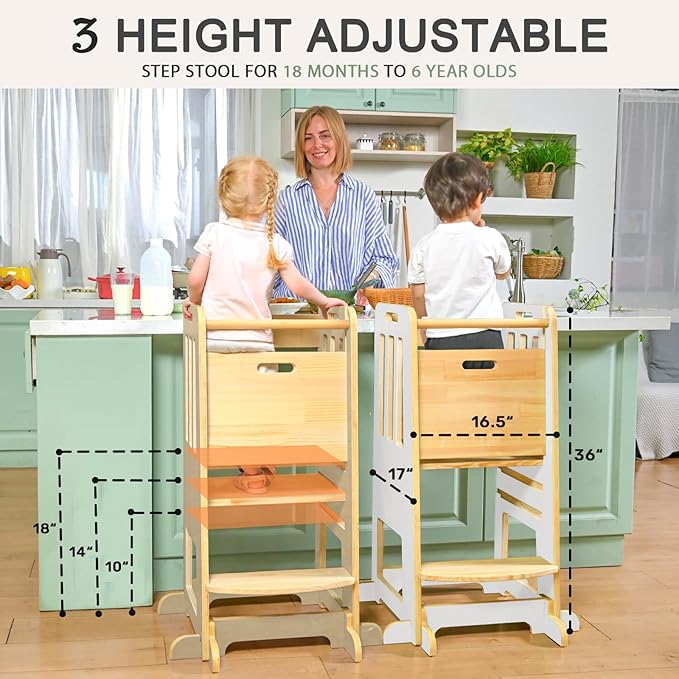 WINGYZ Toddler Kitchen Stool – Adjustable Helper Tower for Kids with Safety Rail, Wooden Standing Step-Up Stool, Sliding Door & Stable Base, White