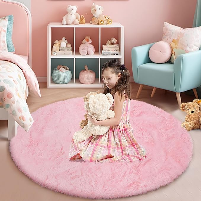 yulidayang Pink Fluffy Round Area Rugs for Bedroom,4ft Shag Circle Area Rugs for Girls Room,Non Slip Fuzzy Plush Rug for Kids Room Living Room and Dorm Home Decor Rug