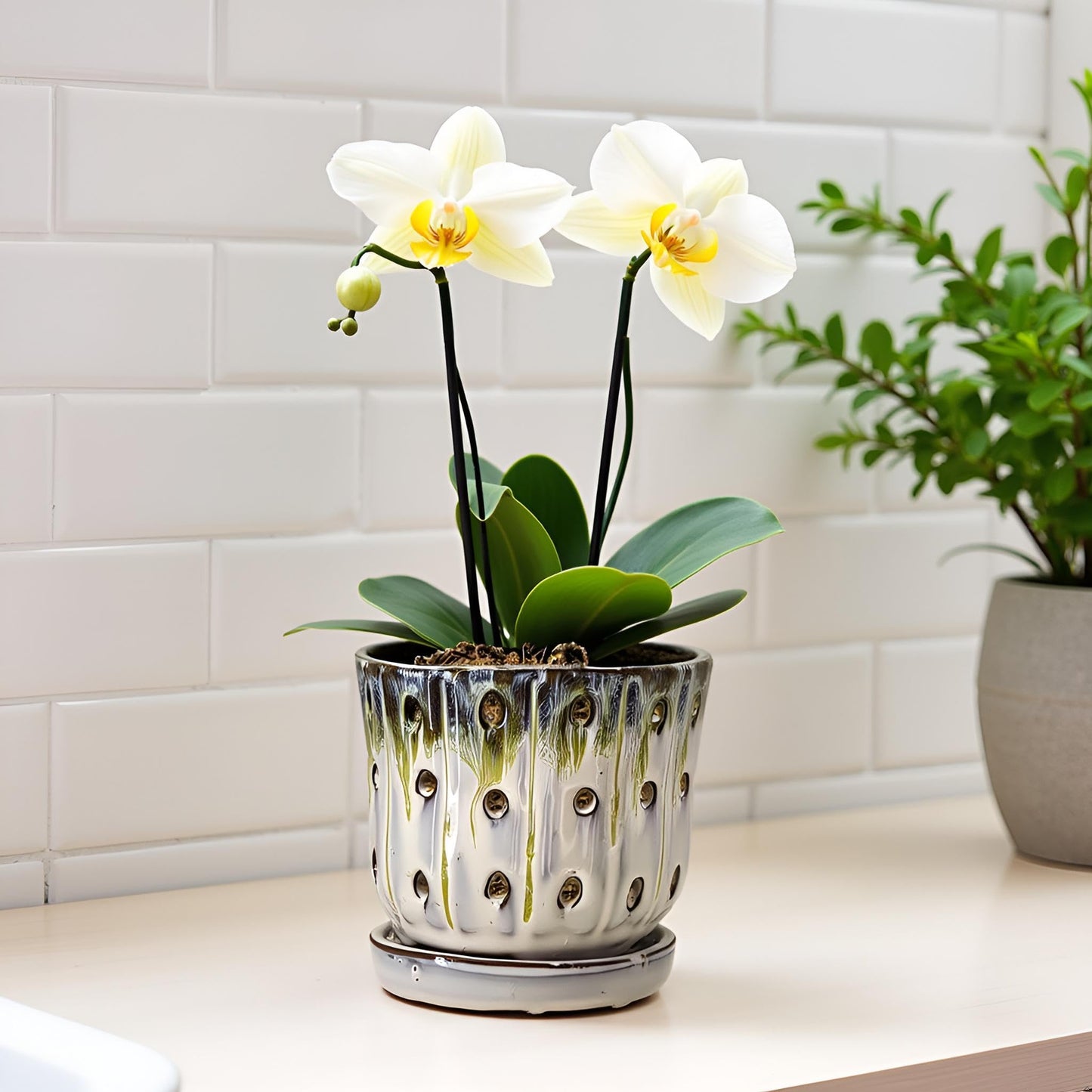 Grdthzey Orchid Pots 4.9 inch Round Ceramic Orchid Pots with Holes Set of 2 (SkyBlue+White with Lemon Green)