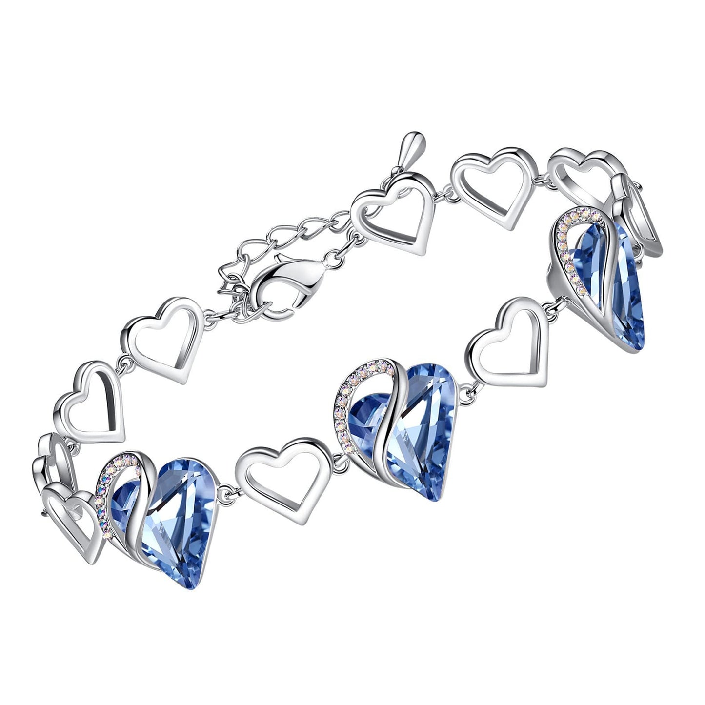 Leafael Infinity Love Heart Gift Bracelet for Women, March & December Birthstone Crystal, Light Sapphire Blue, Silver Tone, 7-inch Chain and 2-inch Extender