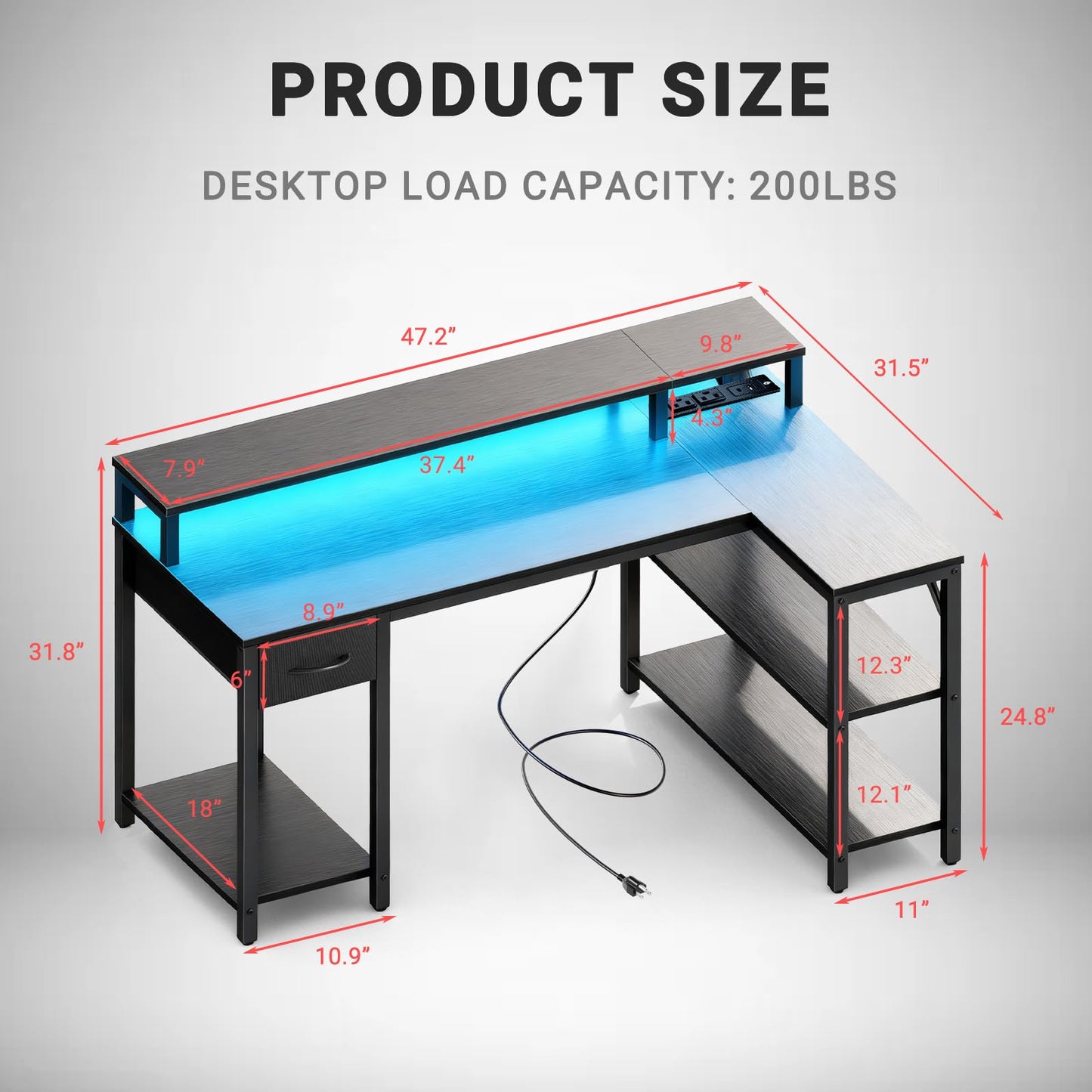 Simple Deluxe 47-inch L-Shaped Gaming Desk with LED Lights & Power Outlets, Reversible Corner Computer Desk with Monitor Riser, Drawer & Shelves, for Home Office, Black