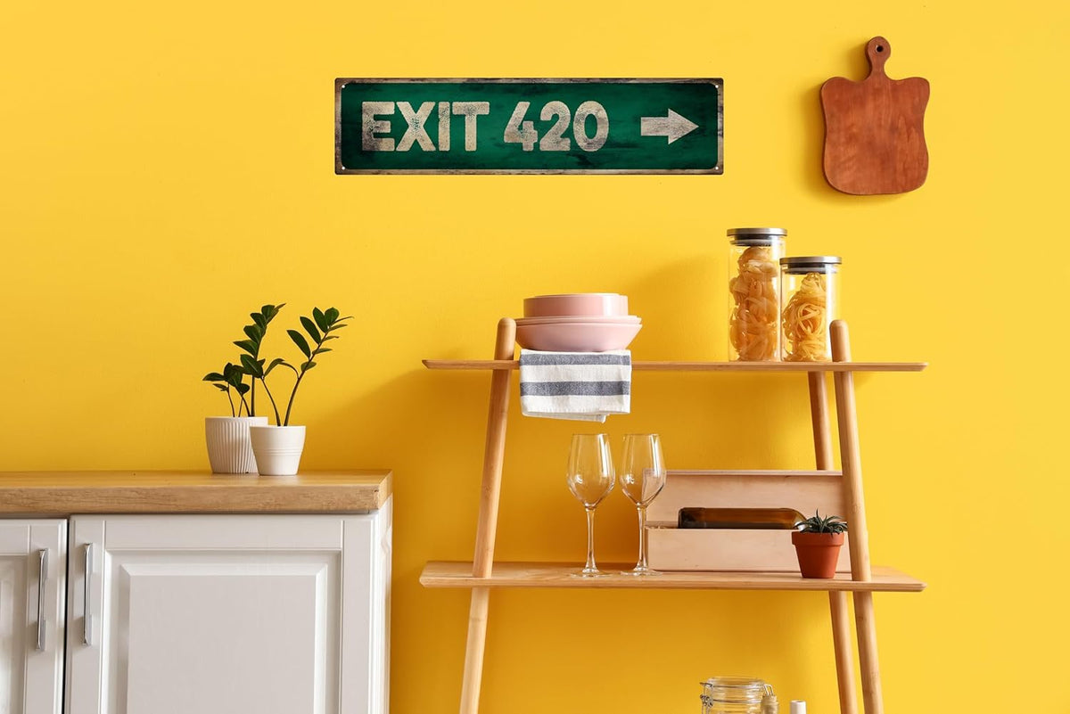 Vintage Tin Sign Retro Metal Exit 420 Signs Stylish Wall Art Plaques for Home Decor Bathroom Kitchen House and Gothic Wall Decor or as a Unique Poster 16x4 in