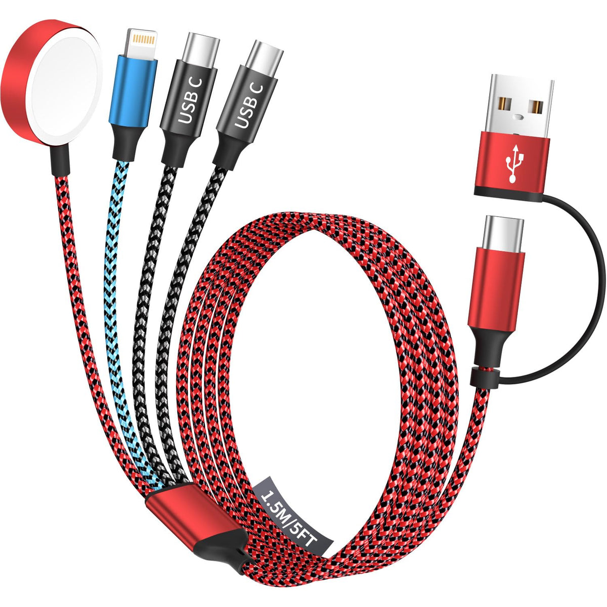 Travel Essentials 4in2 Multi Charging Cable for Apple Watch Charger,USB A/C to Dual Type C/IP/iWatch Charger,Travel Chargers for Multiple Devices Compatible with iWatch Series&iPhone 16-12 5FT