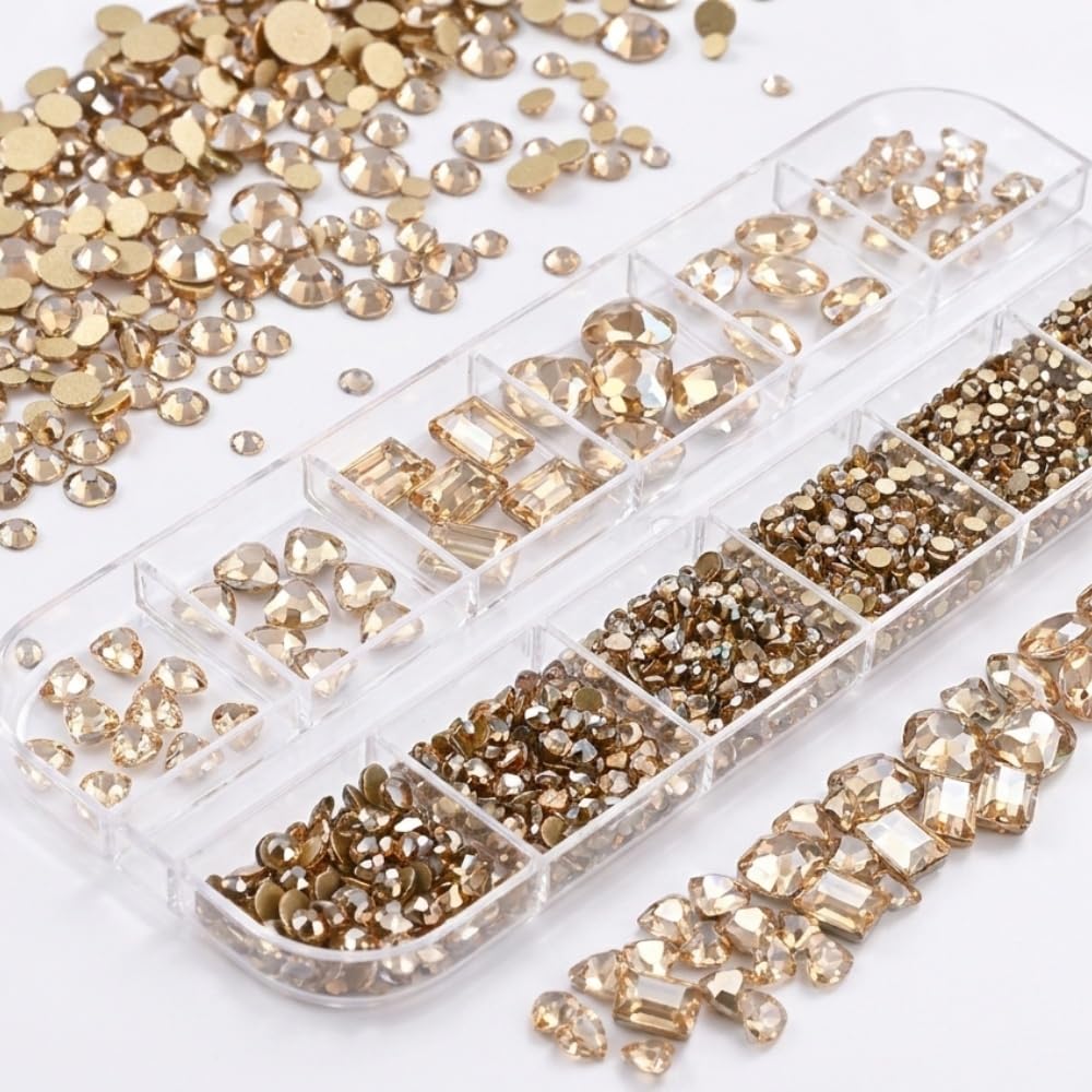 Gold Nail Charms Champagne Nail Gems 3D Clear Flatback Nail Jewels Multi Shape Size Diamonds Nail Rhinestones Shiny Mixed Size Round Hearts Crystals Gems for DIY Nails Faces Eyes Makeup Crafts 12Grid