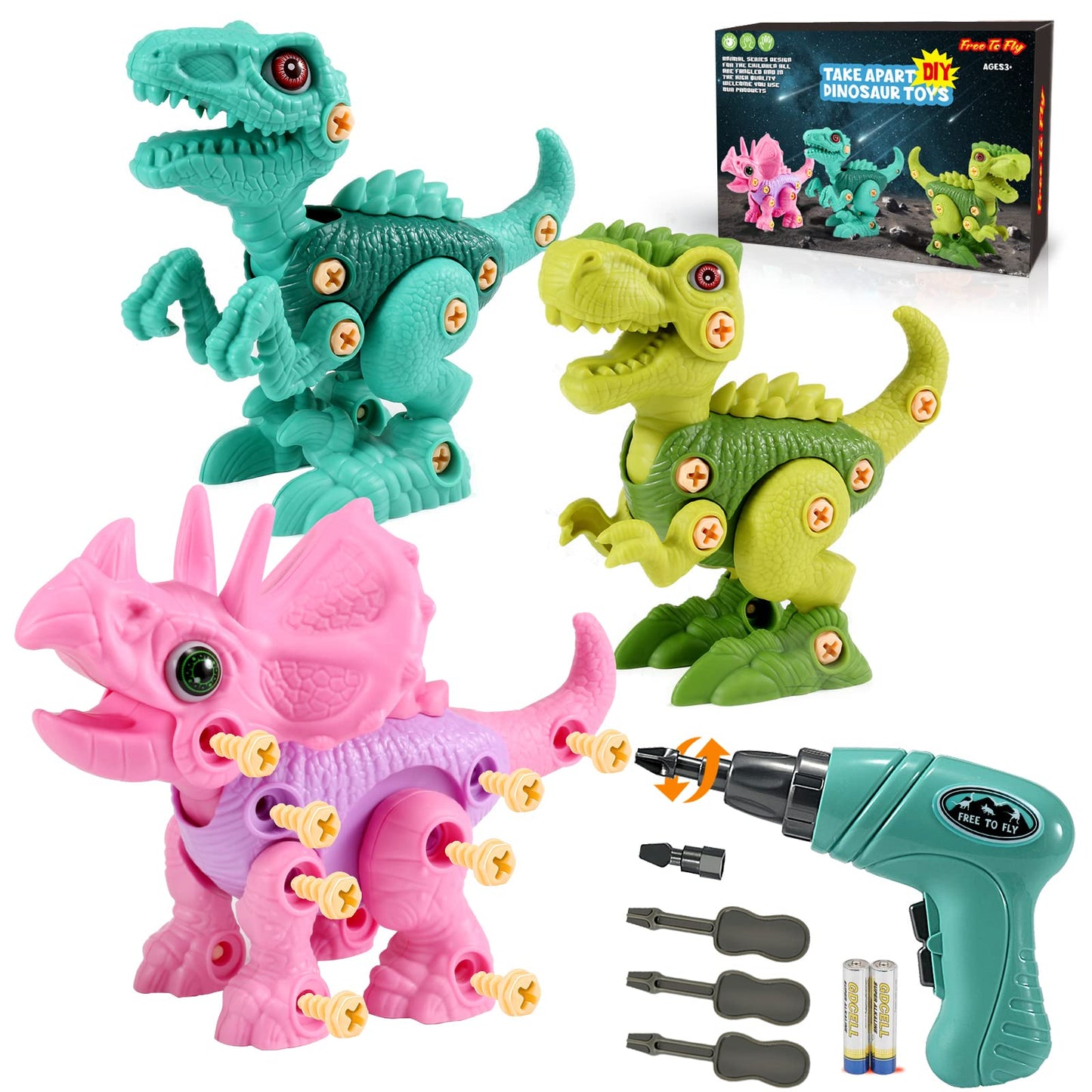 FREE TO FLY Dinosaur Toys for 3 4 5 6 Years Old Girls, Take Apart Dinosaur Learning Toys for Kids 3-5 5-7, STEM Building Construction Set with Electric Drill, Birthday Ideas