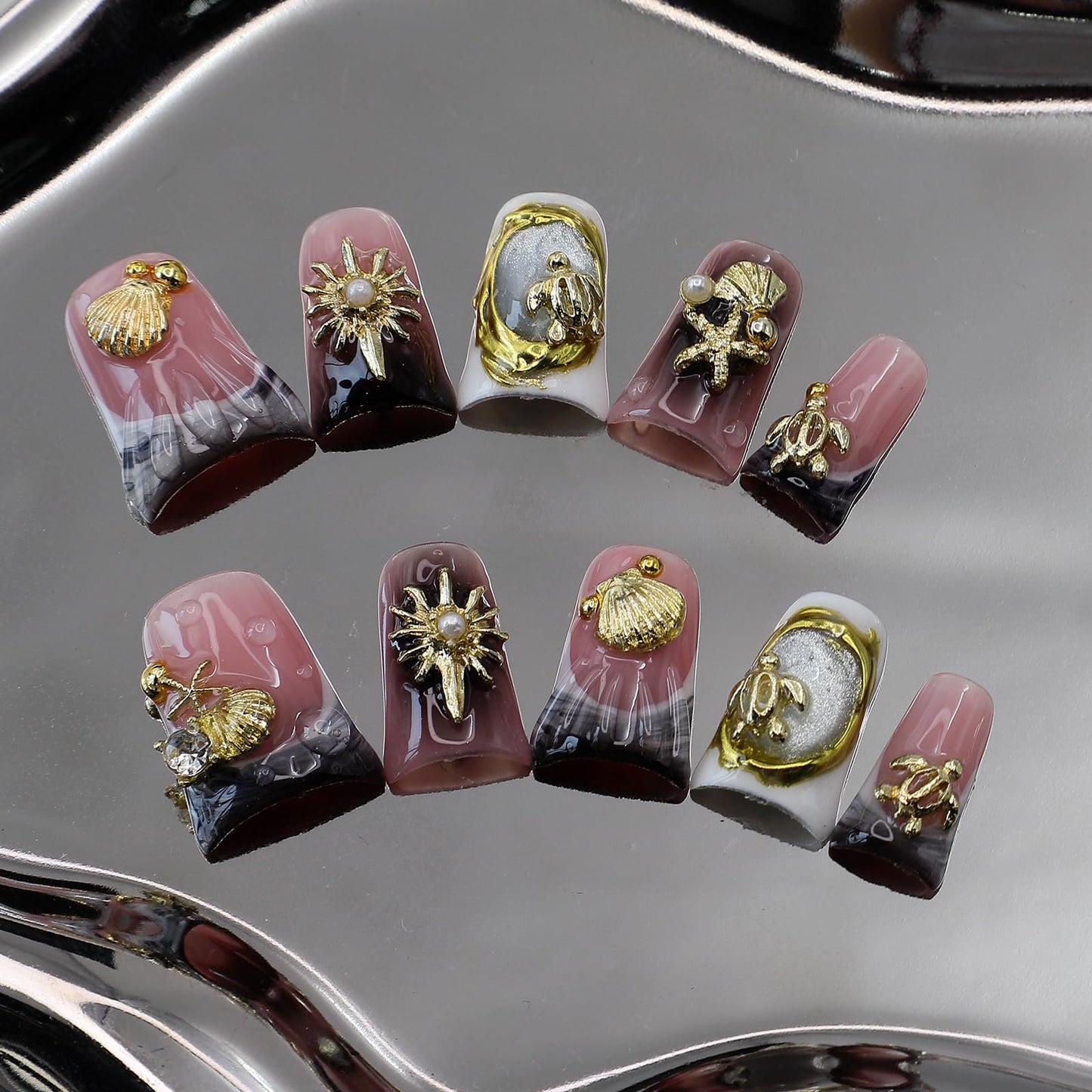 10Pcs Medium Handmade Press on Nails Duck Fake Nails Black French Tip False Nail with 3D Seashell Pearl Design Handmade Duck Nails Press ons Reusable Acrylic Stick on Nails Ocean Nail for Women (M)