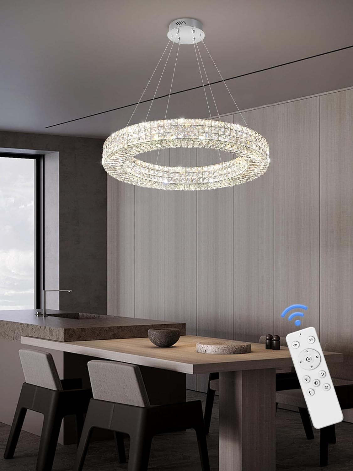 Dia 32" Ring Crystal Chandelier Modern Silver Ring Chandelier Adjustable Height Luxury Crystal Pendant Ceiling Light Fixture for Dining Living Room Bedroom