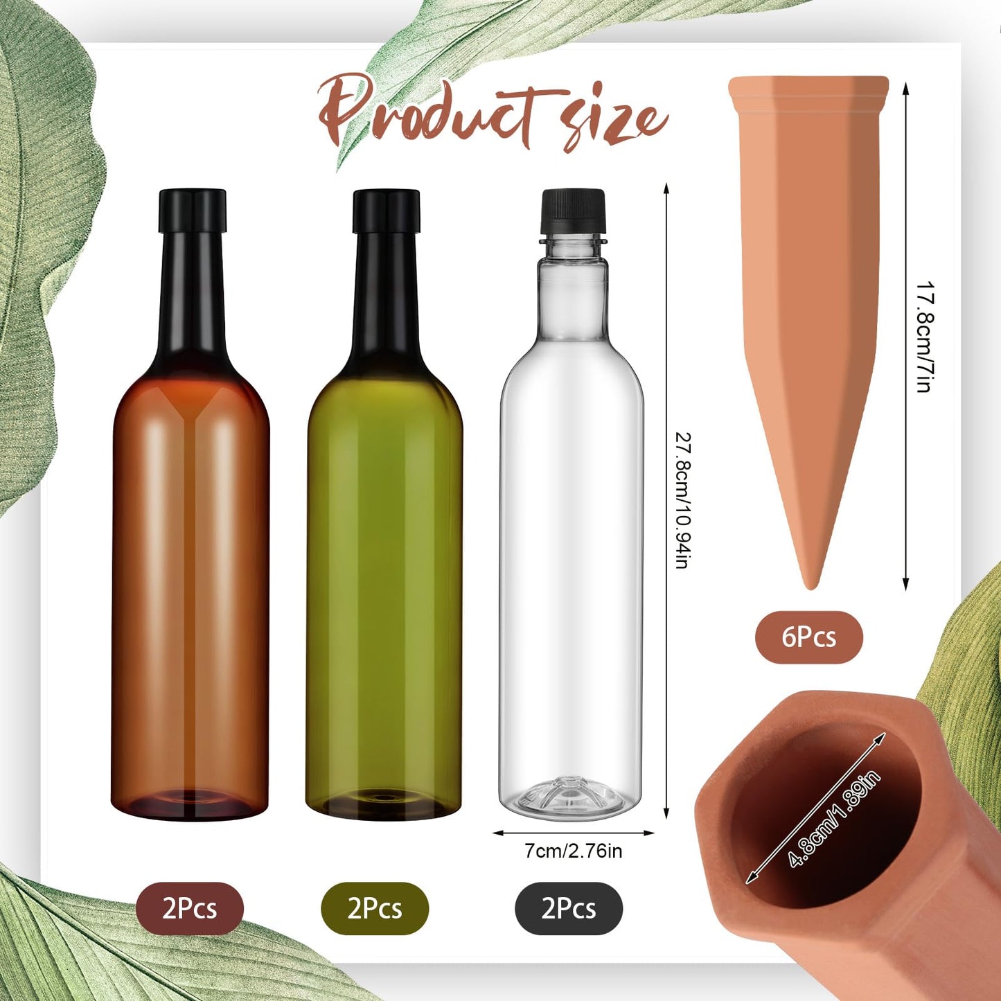 SiliFine 6 Sets Plant Watering Devices Include Terracotta Self Watering Spikes and 26 oz Plastic Bottles, Slow Release Vacation Insert Automatic Plant Waterer Device (Green Clear Brown and Terracotta)