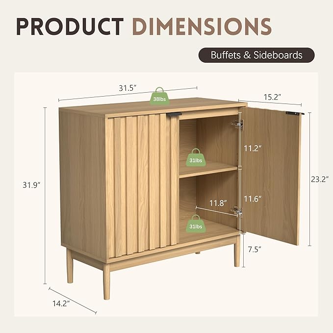 Fluted Cabinet with Storage, Buffet Cabinet Sideborad with Door, Kitchen Buffet Storage Accent Cabinets with Adjustable Shelves for Living Room, Entry, Hallway, Natural