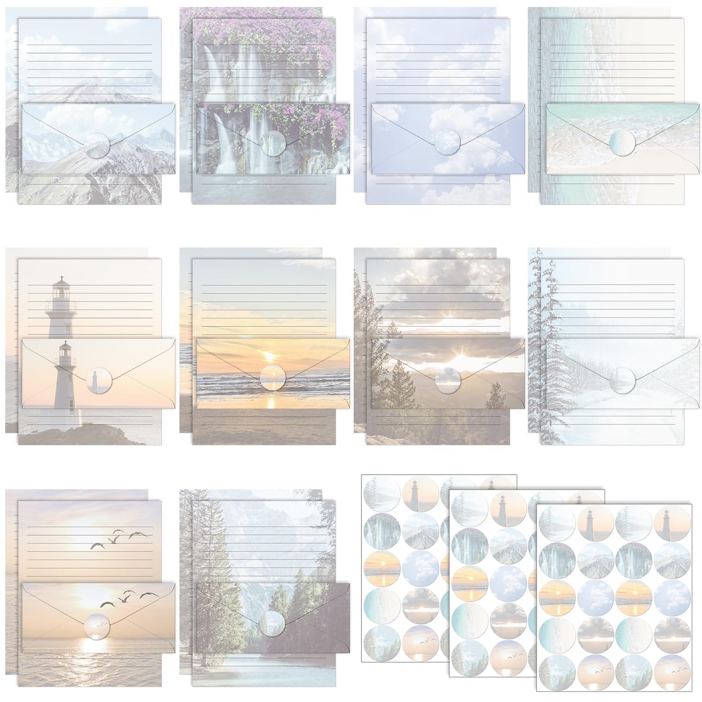 TaoBary 160 Pcs Stationery Paper Set 50 Double Sided Stationery Papers with 50 Matching Envelopes and 60 Round Dot Sticker, 10 Design(Natural Scenery,8.5 x 11 Inch)