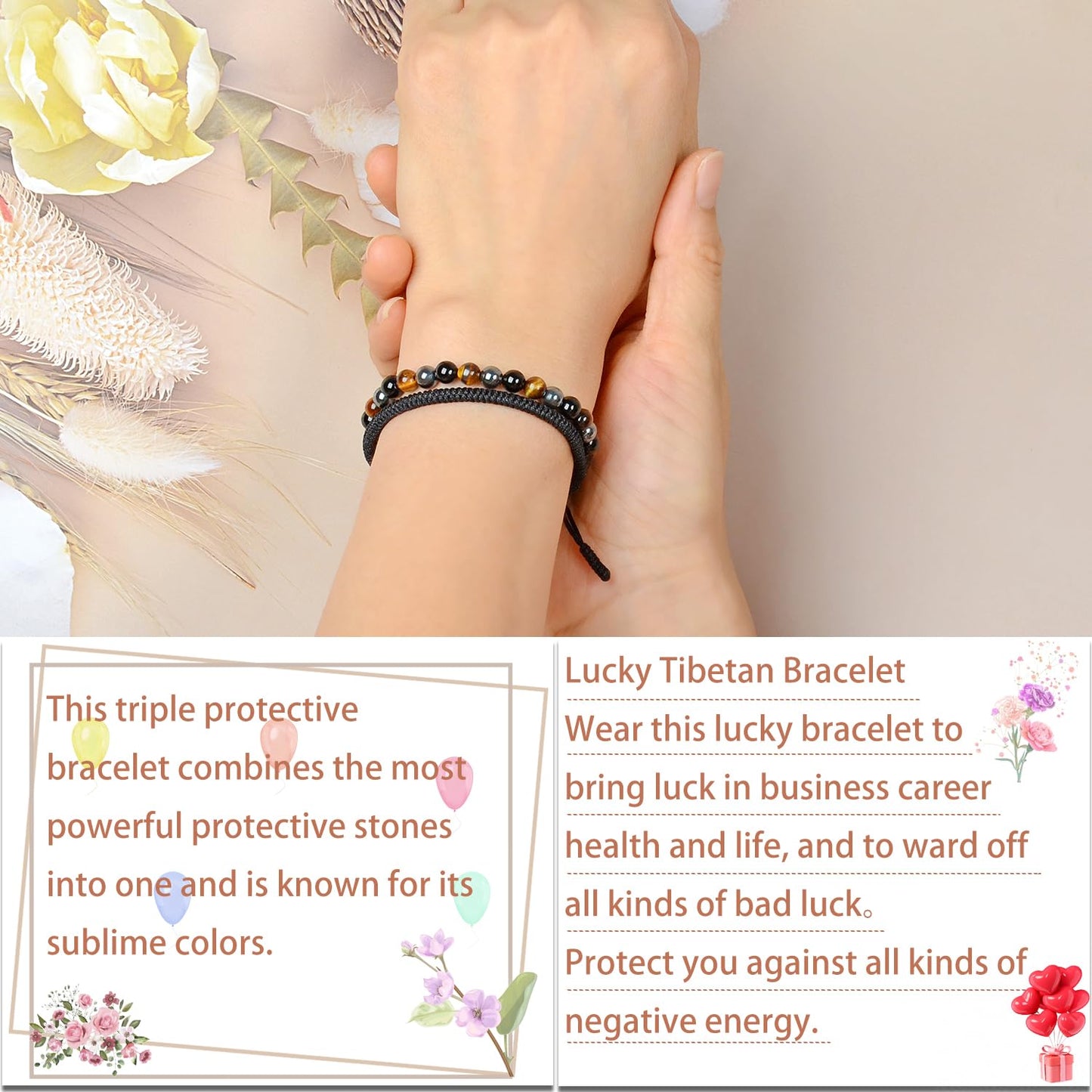 LPBeads 6mm Onyx Tiger's eye Hematite Mixed stone Bracelet with Handmade Rope Bracelet Size Adjustable Natural Stone Crystal Healing Bracelets Gifts for Unisex Adults